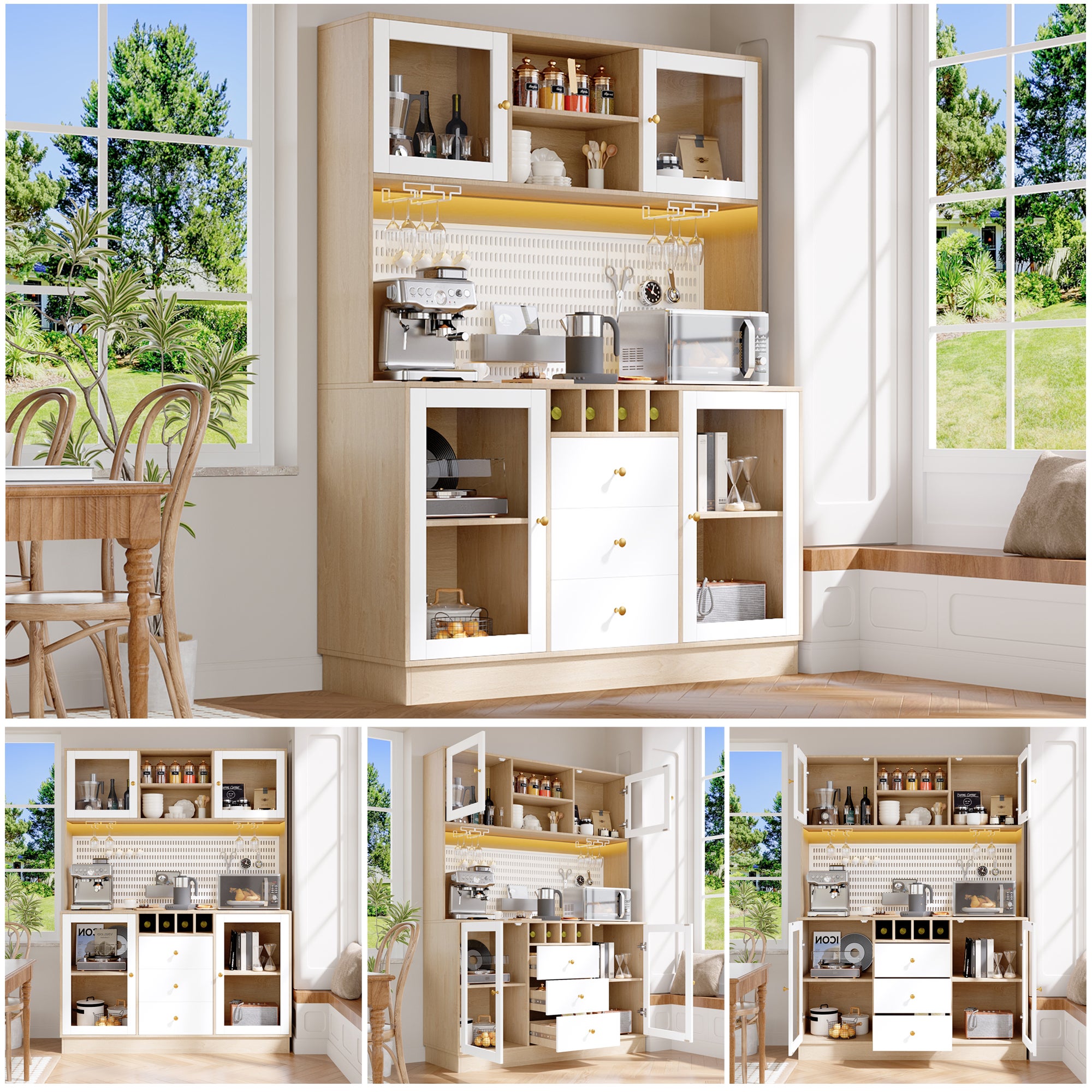 Buffet haute de cuisine avec lumières LED etporte-verres à vin,Armoire haute de cuisine moderne 140×40×185.7cm,Avec tiroir et étagère réglable,Blanc - 3