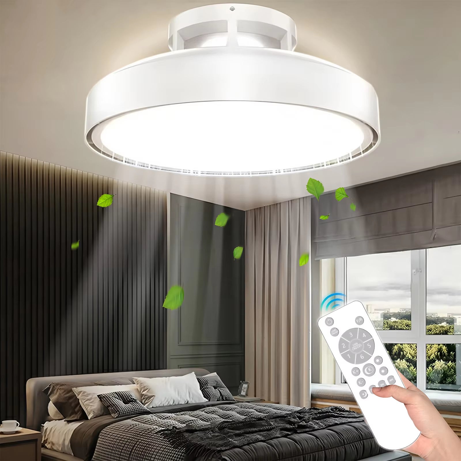 Ventilador de techo sin aspas con lámpara led, control remoto y control por aplicación, 6 velocidades, regulable, función de temporizador, φ48cm