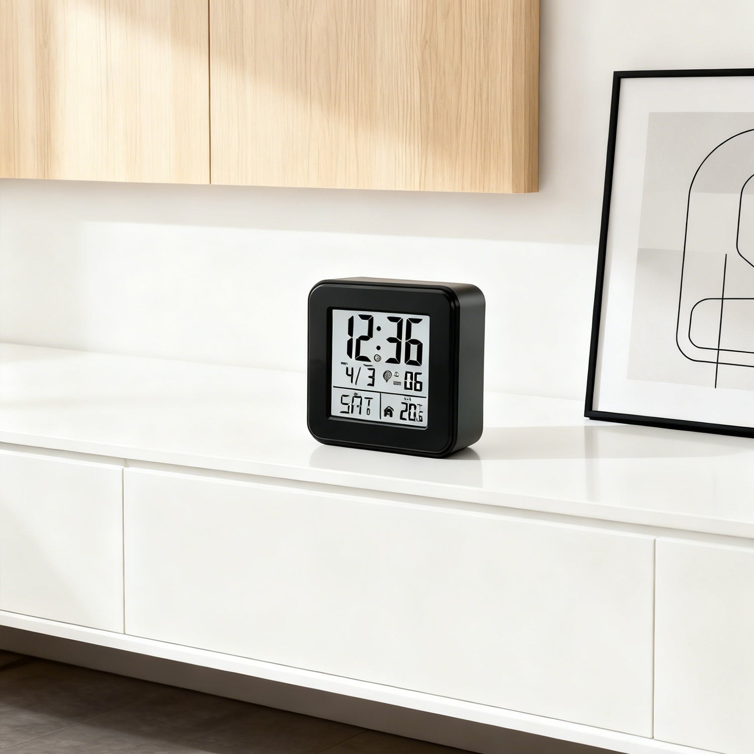 Set 2 sveglie LCD digitali nere con doppia allarme, temperatura interna, data e snooze alimentate a batteria per casa e ambienti lavoro - 7