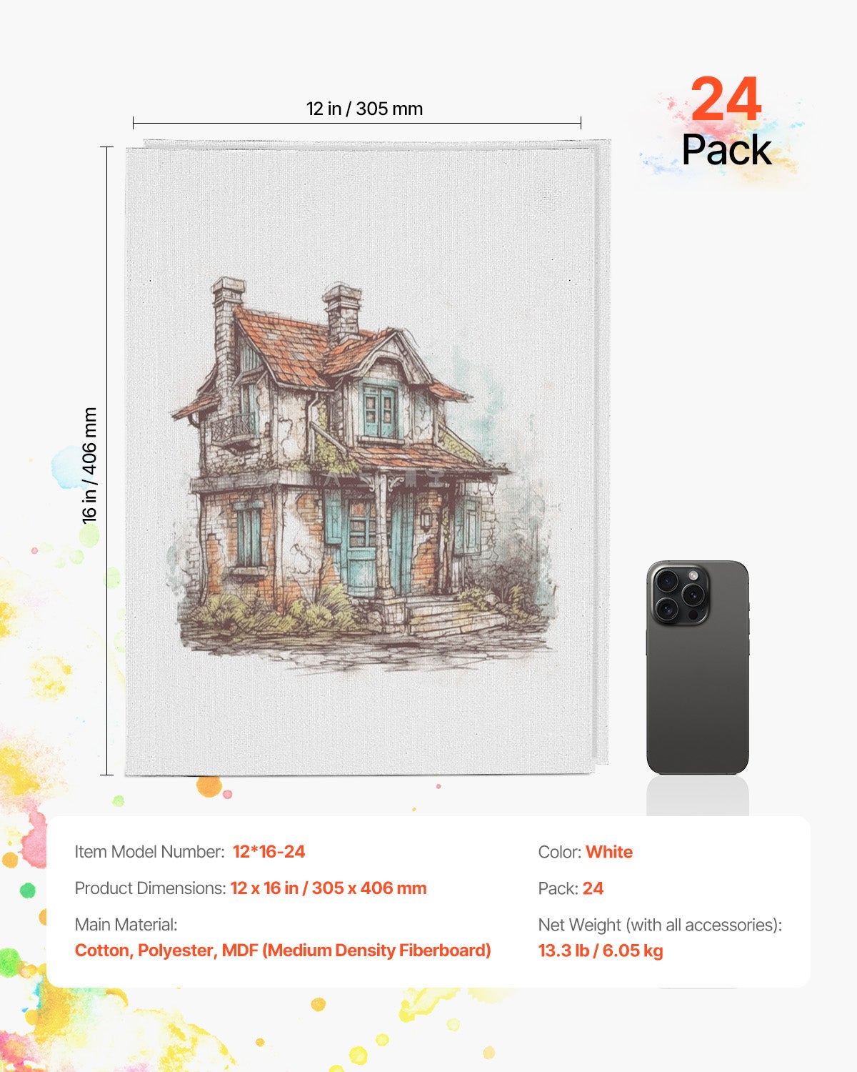 Toile Blanche Peinture,Lot de VEVOR 24,305x406 mm,Toile à Peindre pour Croquis,Peinture Acrylique et à l'Huile,pour Enfants et Professionnels - 7