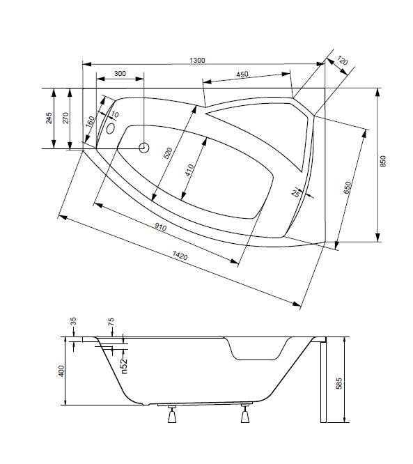 Baignoire d'angle asymétrique droite RIMA avec tablier - Dimensions: 130cm - 3
