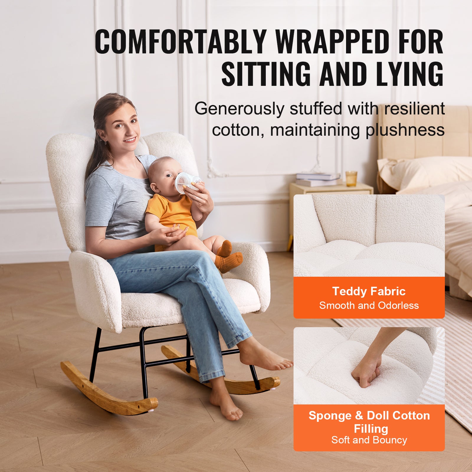 Fauteuil à Bascule Velours Teddy VEVOR, Charge 113,4 kg avec Siège Doux et Dossier Haut pour Allaitement - 3