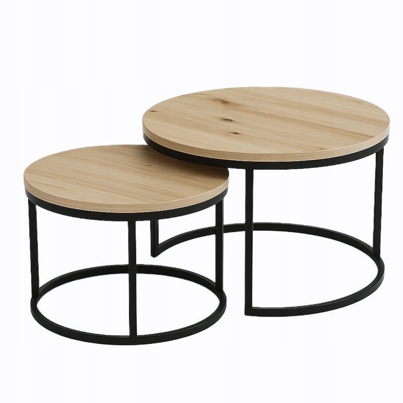 Stolik Kawowy DĄB ARTISAN Loft Okrągły Zestaw 2w1 Czarne Nogi SOFT LOFT SET