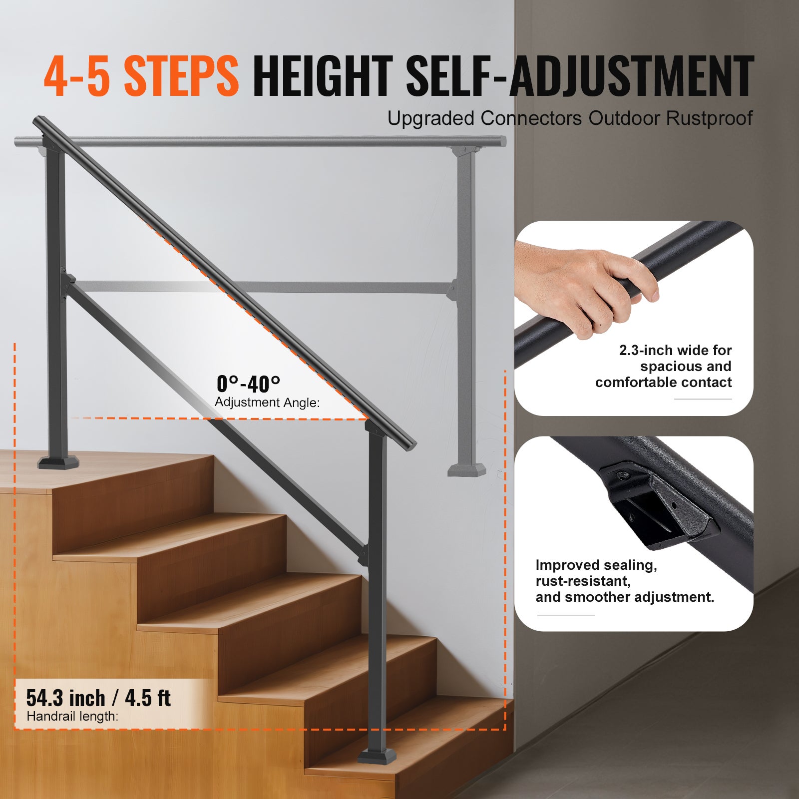 Rampe d'escalier extérieure,VEVOR kit de rampe d'escalier 4 ou 5 marches,en acier au carbone,avec kit d'installation,marches en béton,porche - 3