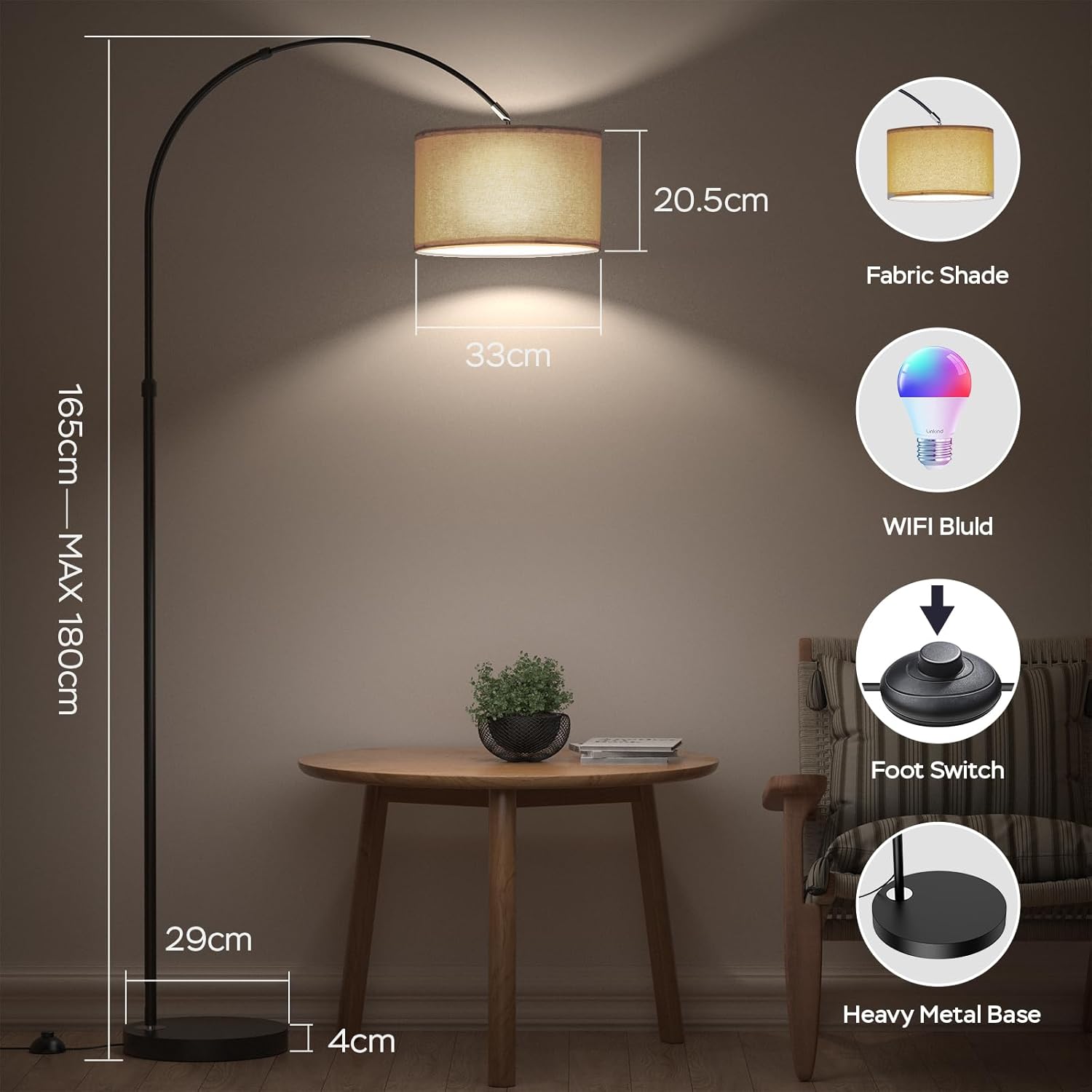 Lampadaire Design Moderne, Smart WiFi, RGB Dimmable, Télécommande & Voix, Changement de Couleur, Lampe Arc Élégante E27 9W pour Salon - 8
