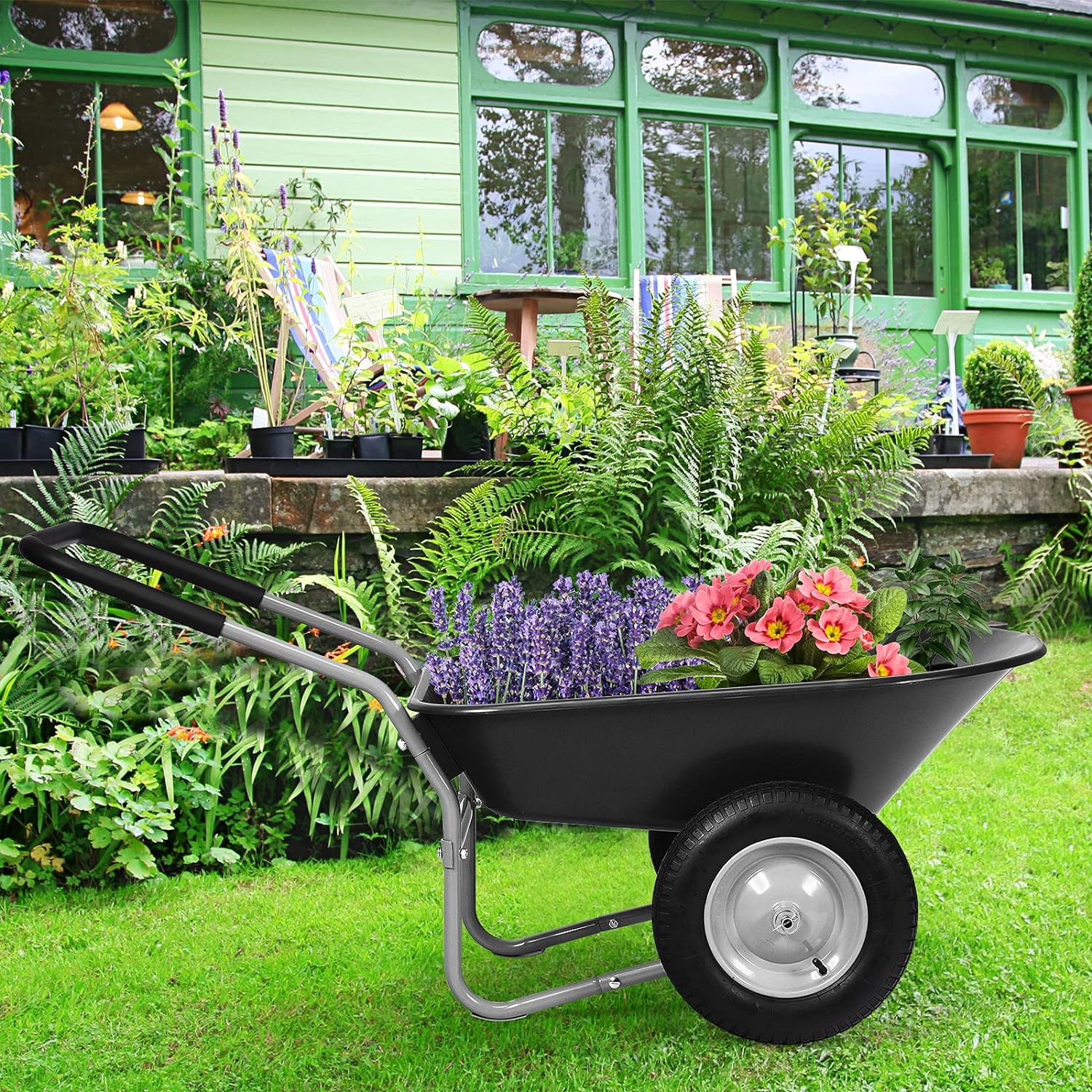 Brouette de jardin 2 roues pneus pneumatiques ø35cm 141l charge max 100kg résistante en fer noir - 9