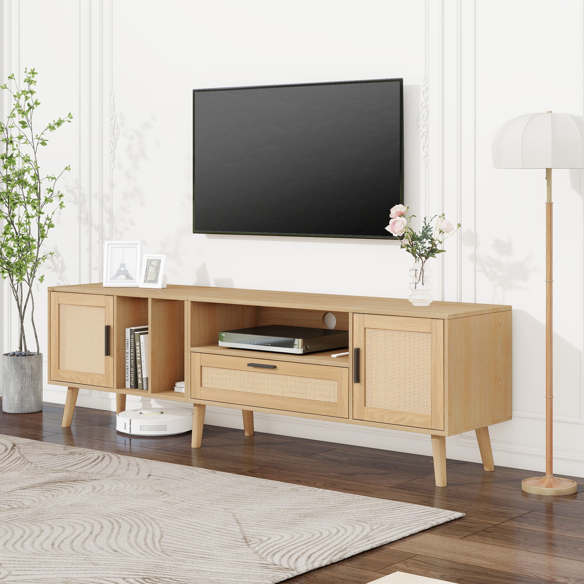 Stojak pod TV 180 cm zdobiony rattanem - 2 drzwi i 1 szuflada - nogi z litego drewna - naturalny - 3