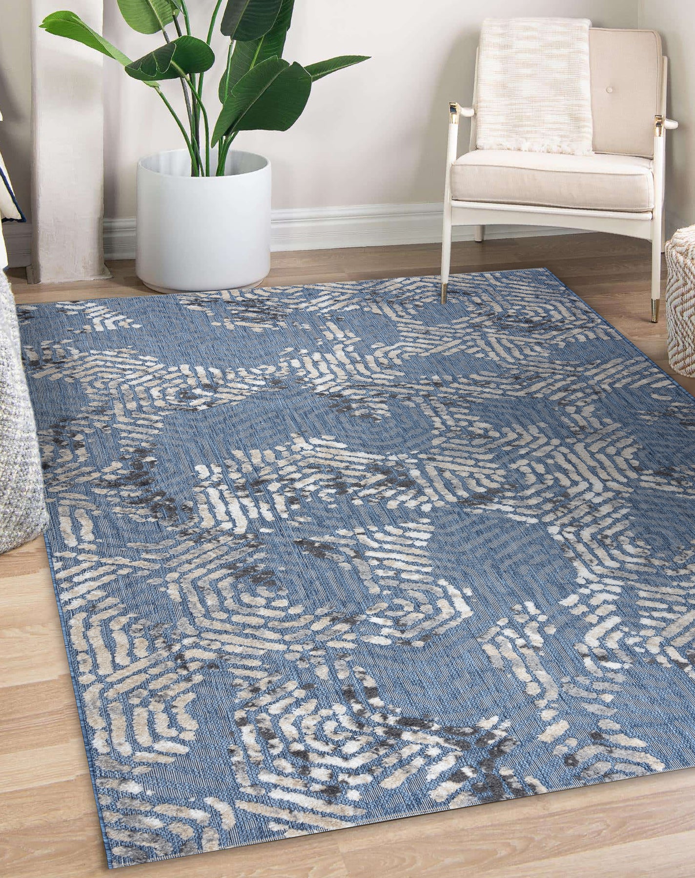Dywan Strukturalny SOLE D3841 Heksagony - płasko tkany niebieski / beż 80x250 cm - 4
