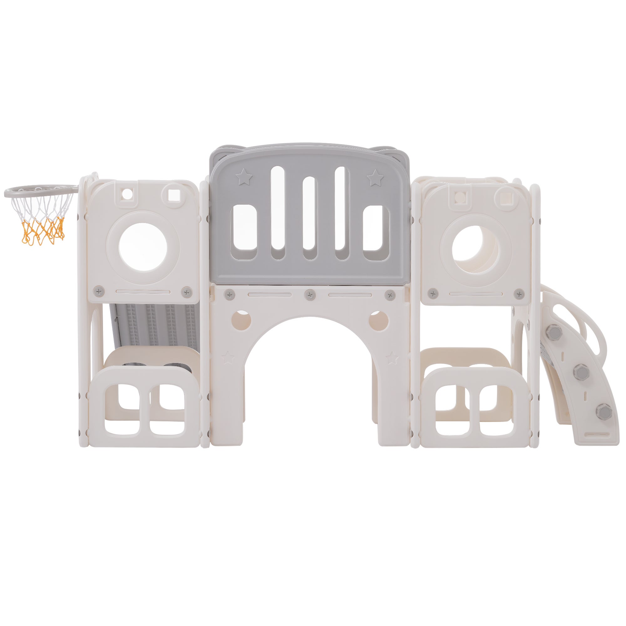 Toboggan pour enfants 6 en 1 - composé d'un toboggan, d'un panier de basket, d'un escalier, d'un tunnel et de deux rangements -- Gris clair - 6