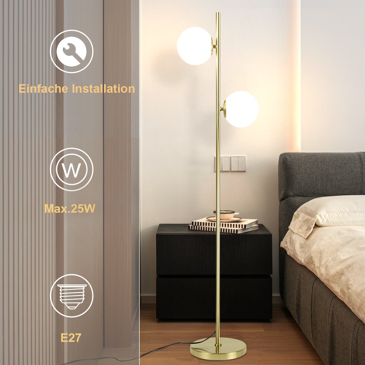 NETTLIFE Lampadaire Salon Moderne - Gold Design Lampadaire E27 Douille Lampe de sol avec interrupteur à pied -166cm （Sans source） - 2