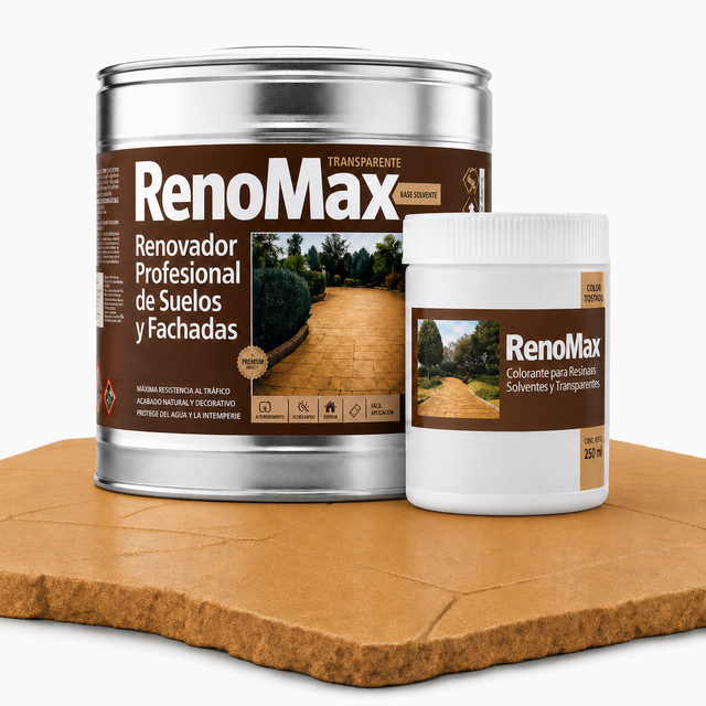 RENOMAX - Resina Hormigon Impreso y Superficies Porosas Al Disolvente + Tinte Hormigon Impreso Color Tostado, 2L Cubre hasta 20m² | Garantía 5 Años
