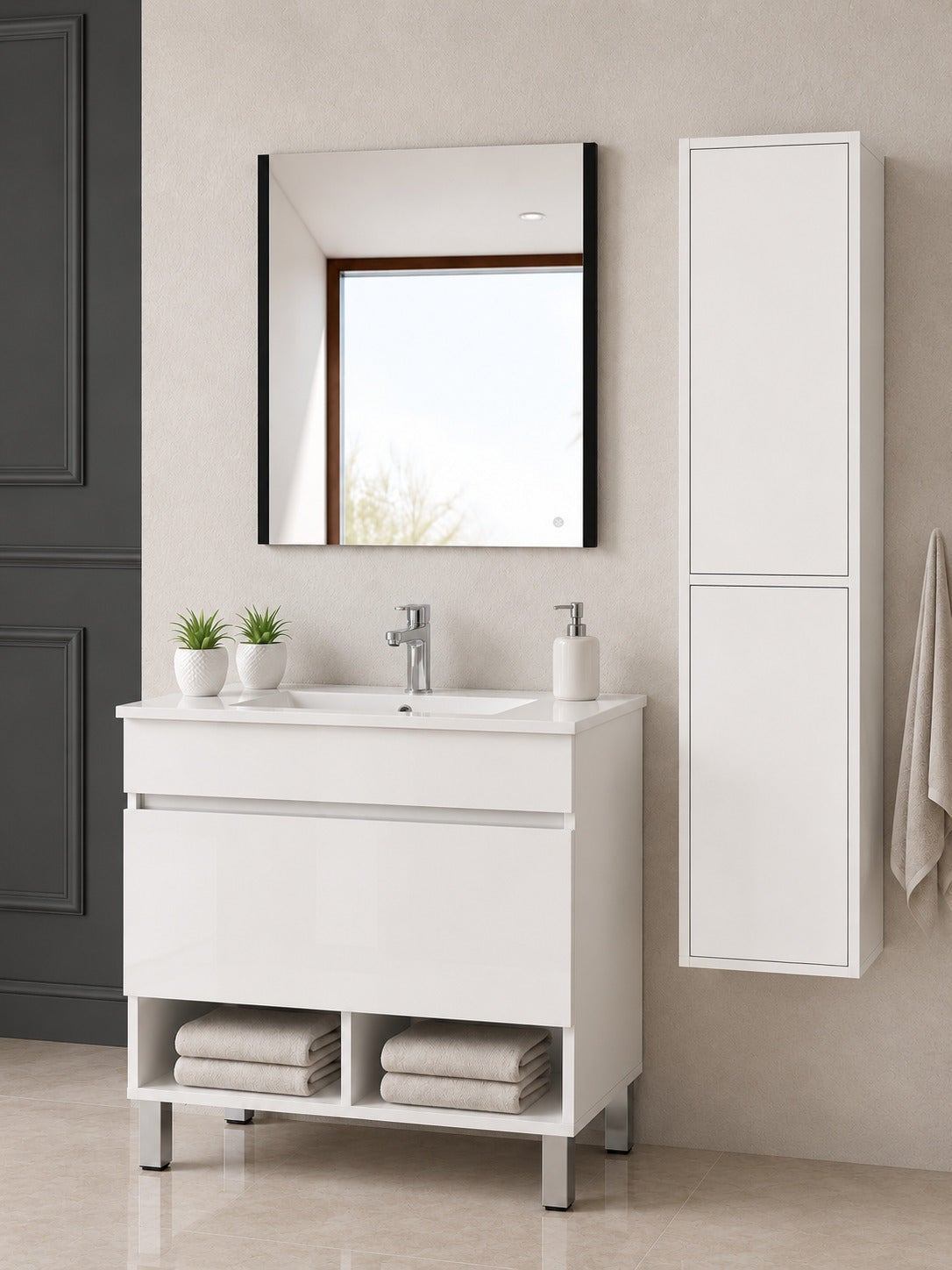 Mobilier de baie cu picioare cu lavoar ORIGENBATH NEBARI cu picioare și sertar cu coloană 120x45 cm alb cu coloană