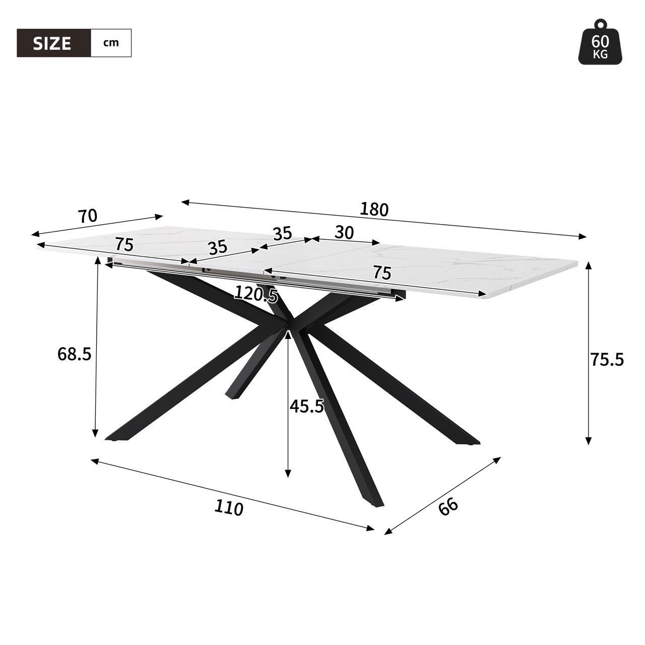 Rozkładany stół jadalny dla 4-6 osób - Dł. 150/180 x Szer. 70 x Wys. 76 cm - Nogi z płyty MDF i metalu - Blat imitujący marmur - Biały - 4