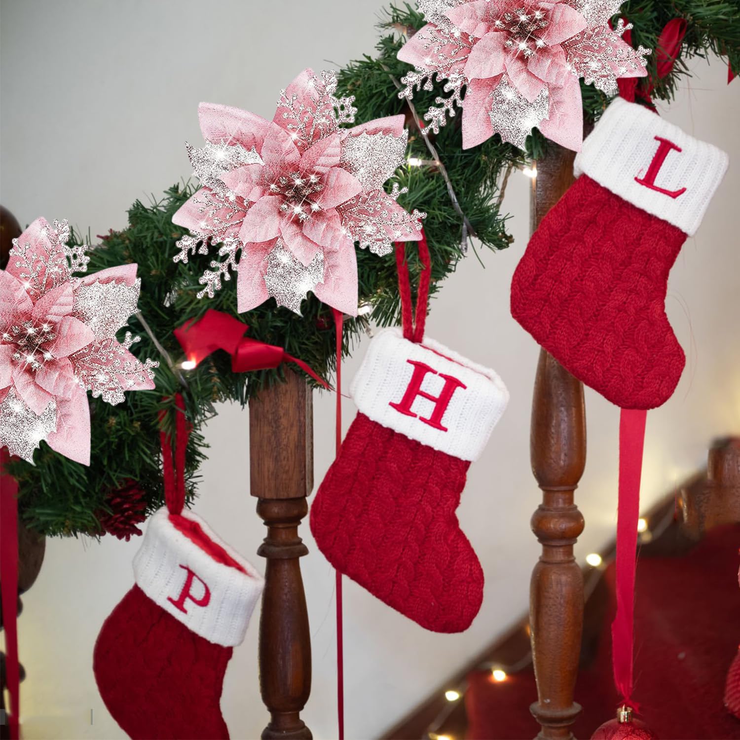 Lot de 10 décorations de Noël, fleurs artificielles scintillantes avec clips, décorations pour sapin de Noël, pendentifs de fleurs artificielles - 3