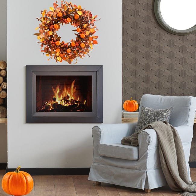 Couronne D'automne Artificielle Avec Citrouilles Et Feuilles D'érable | Décoration Murale 50 Cm Pour Thanksgiving Et Noël | Orange Vif
