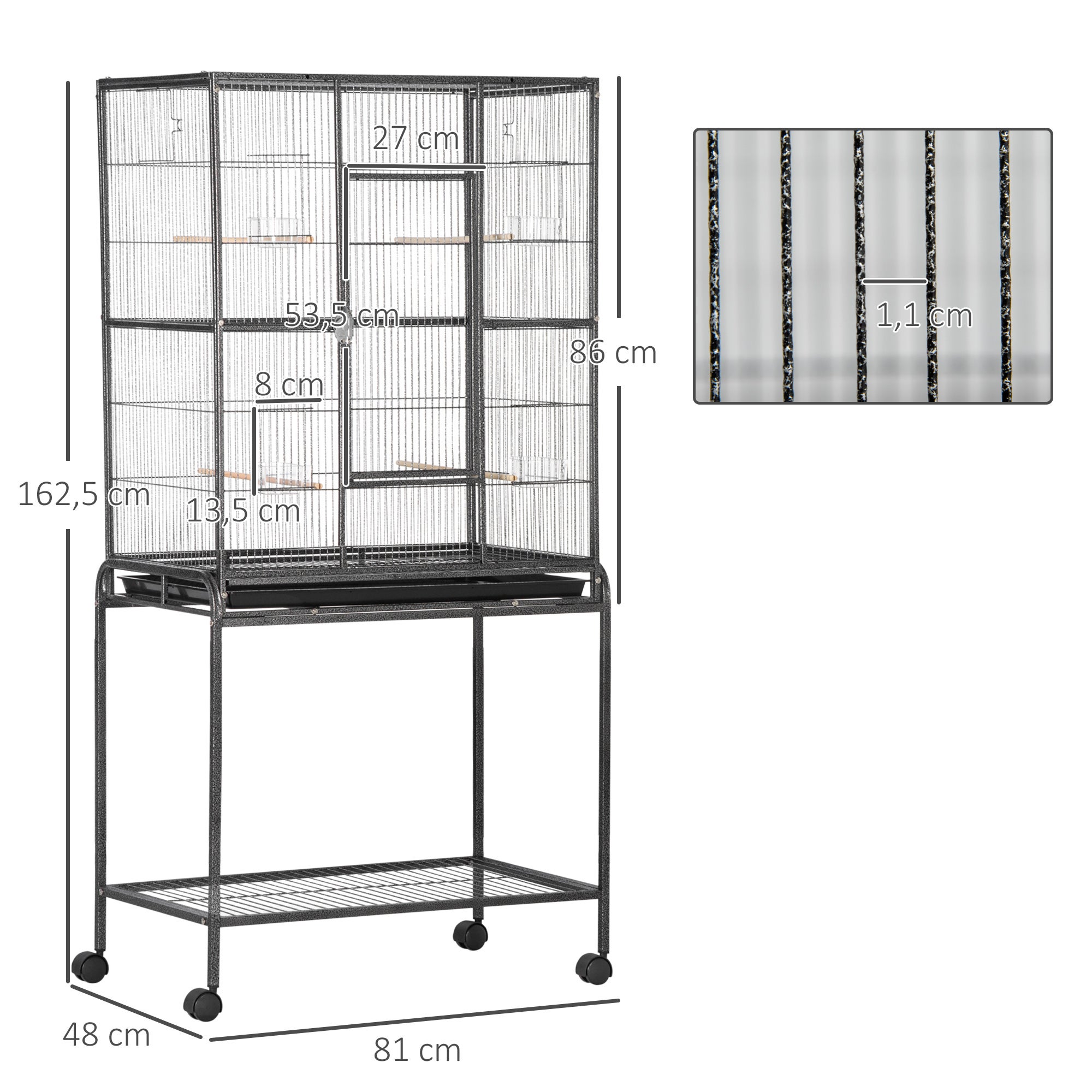 Gaiola para Pássaros com Rodas 81x48x162,5cm Metal Preto 4 Poleiros 4 Comedouros Bandeja Removível - 2