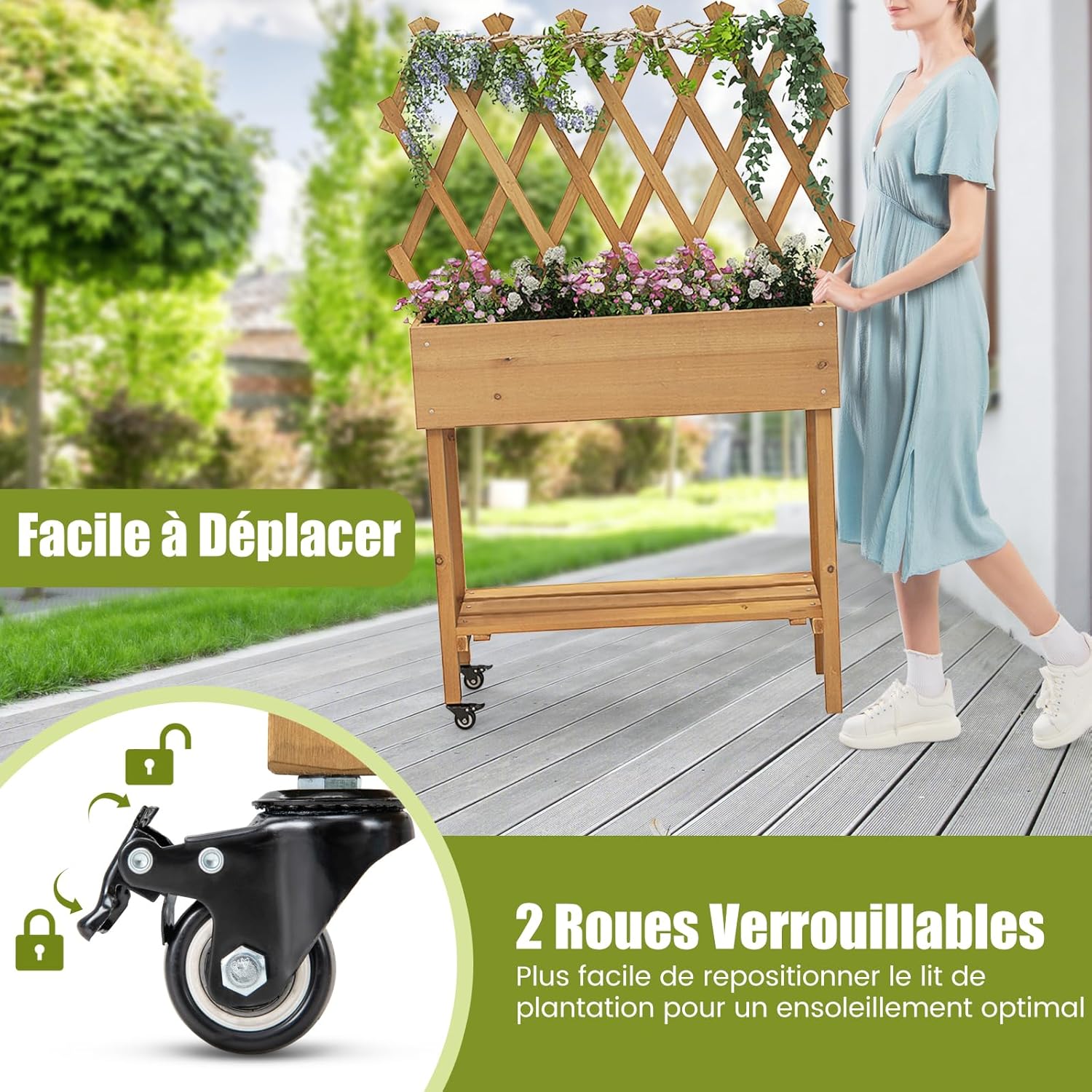 Jardinière Surélevée en Bois avec Treillis à Roulettes, Étagère Inférieure pour Fleurs, Légumes, Herbes, 90x29x129cm - 6