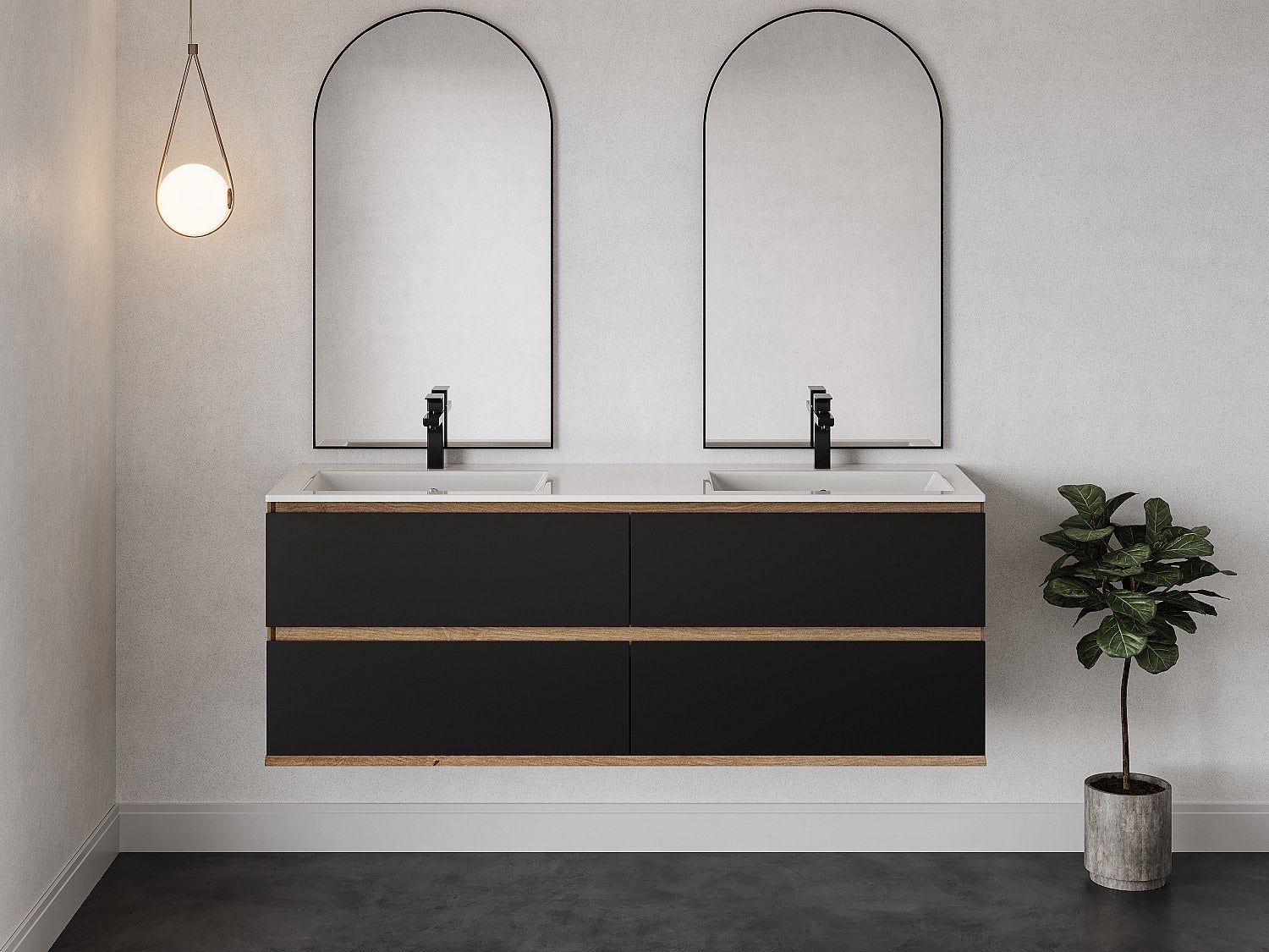 Szafka pod umywalkę wisząca – jasny naturalny i czarny – 150 cm – SABURI