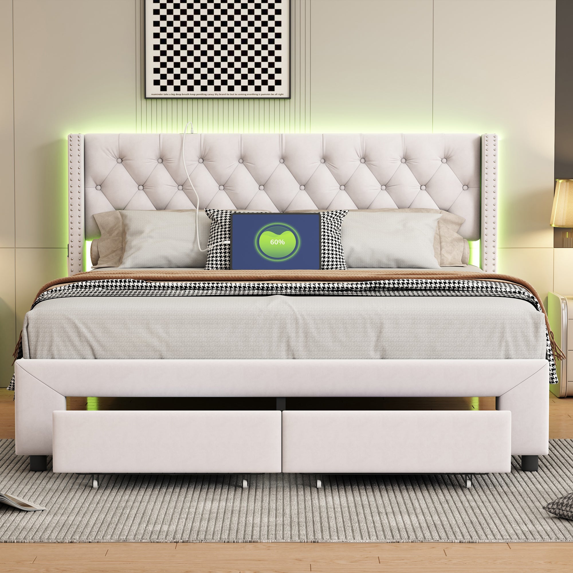 Lit Double 140x190 Avec Rangement Et éclairage LED | Velours Beige - Sommier à Lattes Intégré | Mécanisme Hydraulique