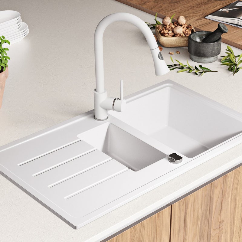 Zlewozmywak Biały 90x50cm, Zlew Kuchenny 1,5 Komorowy + Syfon, Nablatowy do szafki od 60cm - Kopenhaga Duo PRIMAGRAN