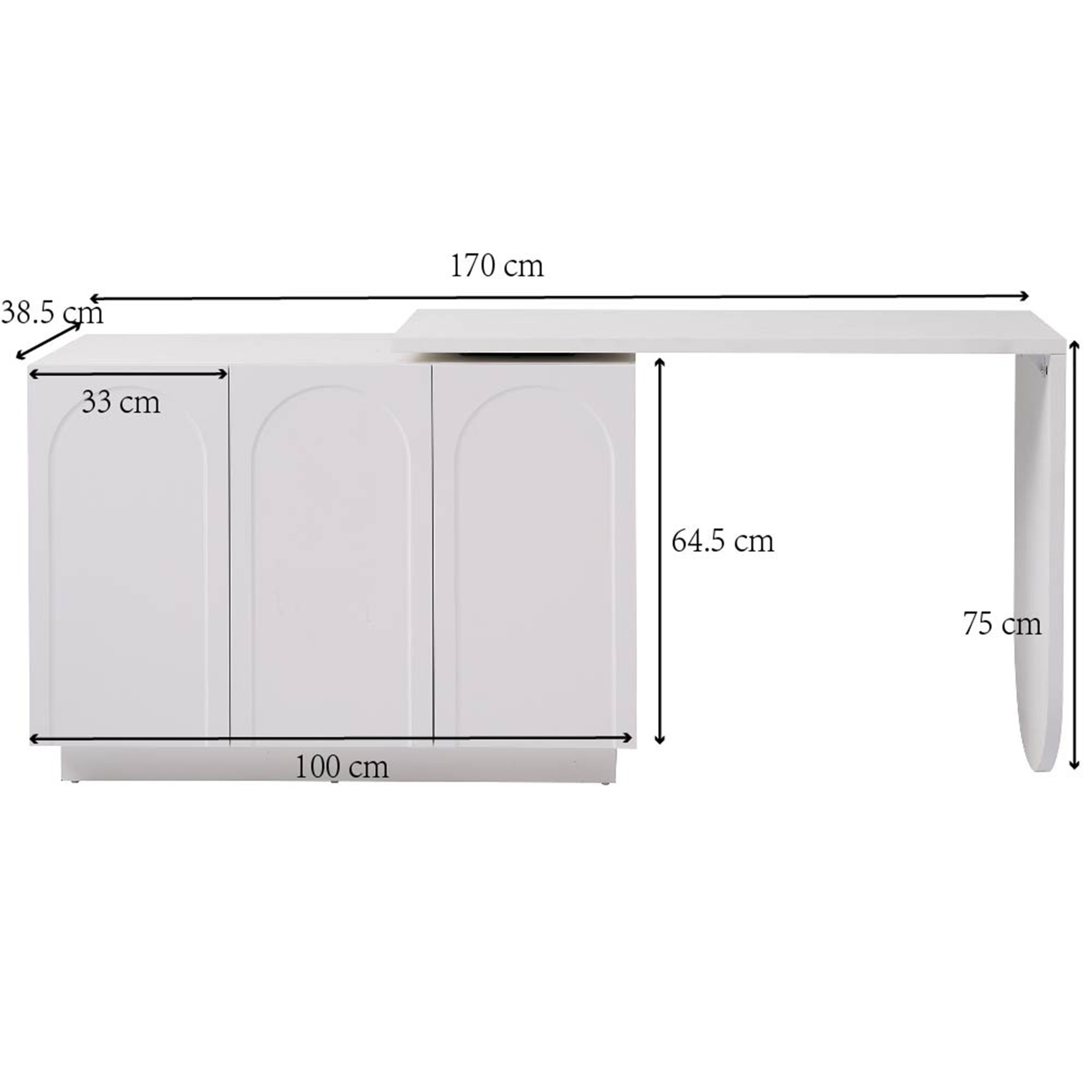 Bureau d'angle 110x40x75 cm, rotatif, pliable 360 degrés avec 3 portes, MDF blanc - 8