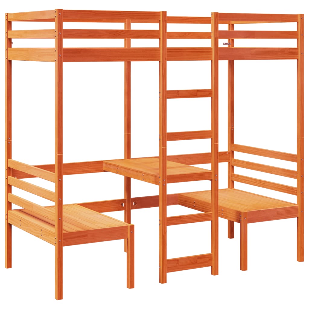 Lit mezzanine avec bureau et chaises, pin, brun ciré, pour la chambre, 80 × 200 cm - 2