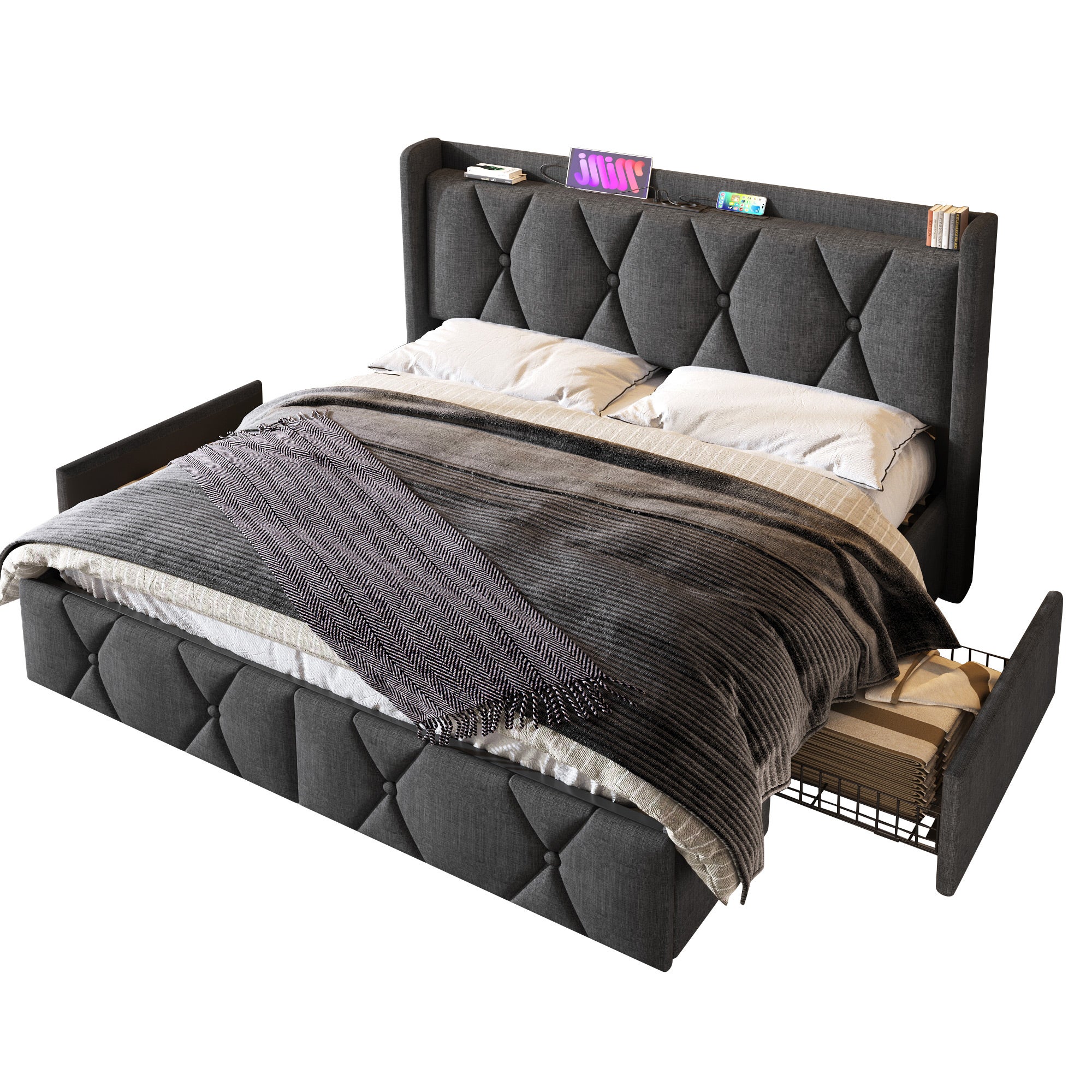 Cama tapizada 160 x 200 cm con cabecero y 4 cajones - USB - tela de lino - gris - 9