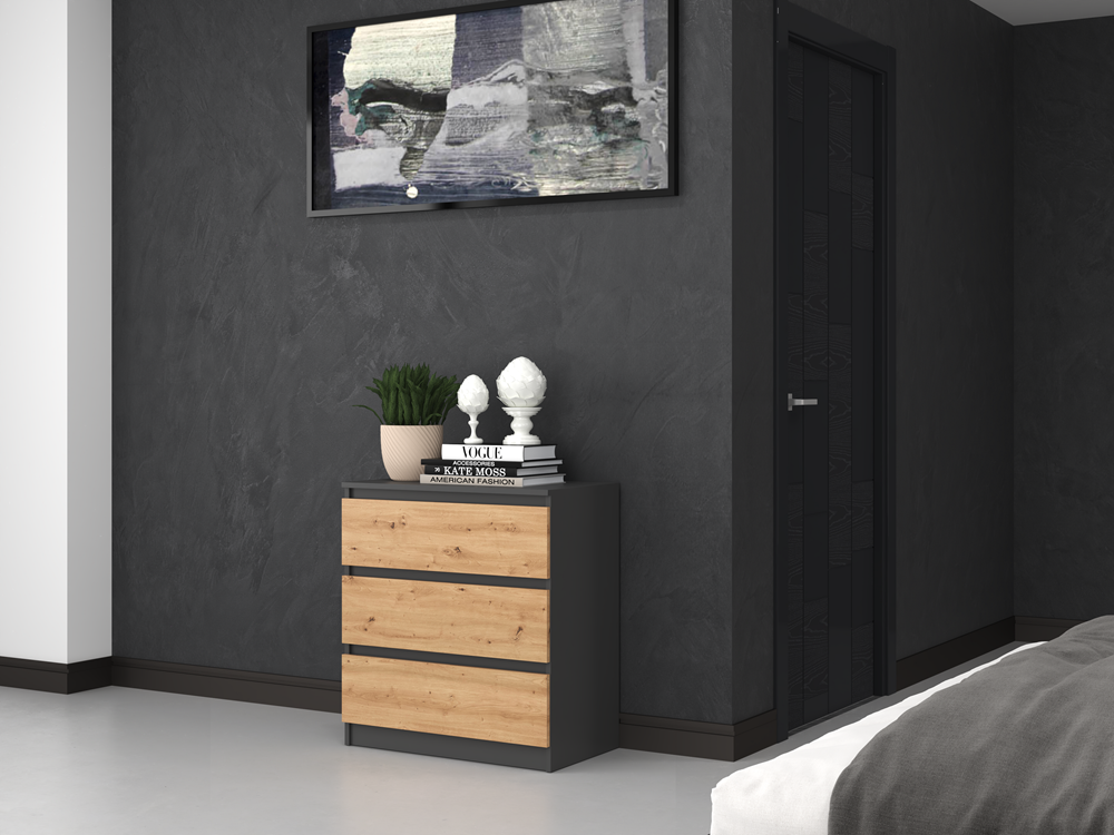 ASTER T3 - Commode de chambre 3 tiroirs - 77x70x40 - Meuble de rangement - Style Scandinave - Gris/Artisan - 5