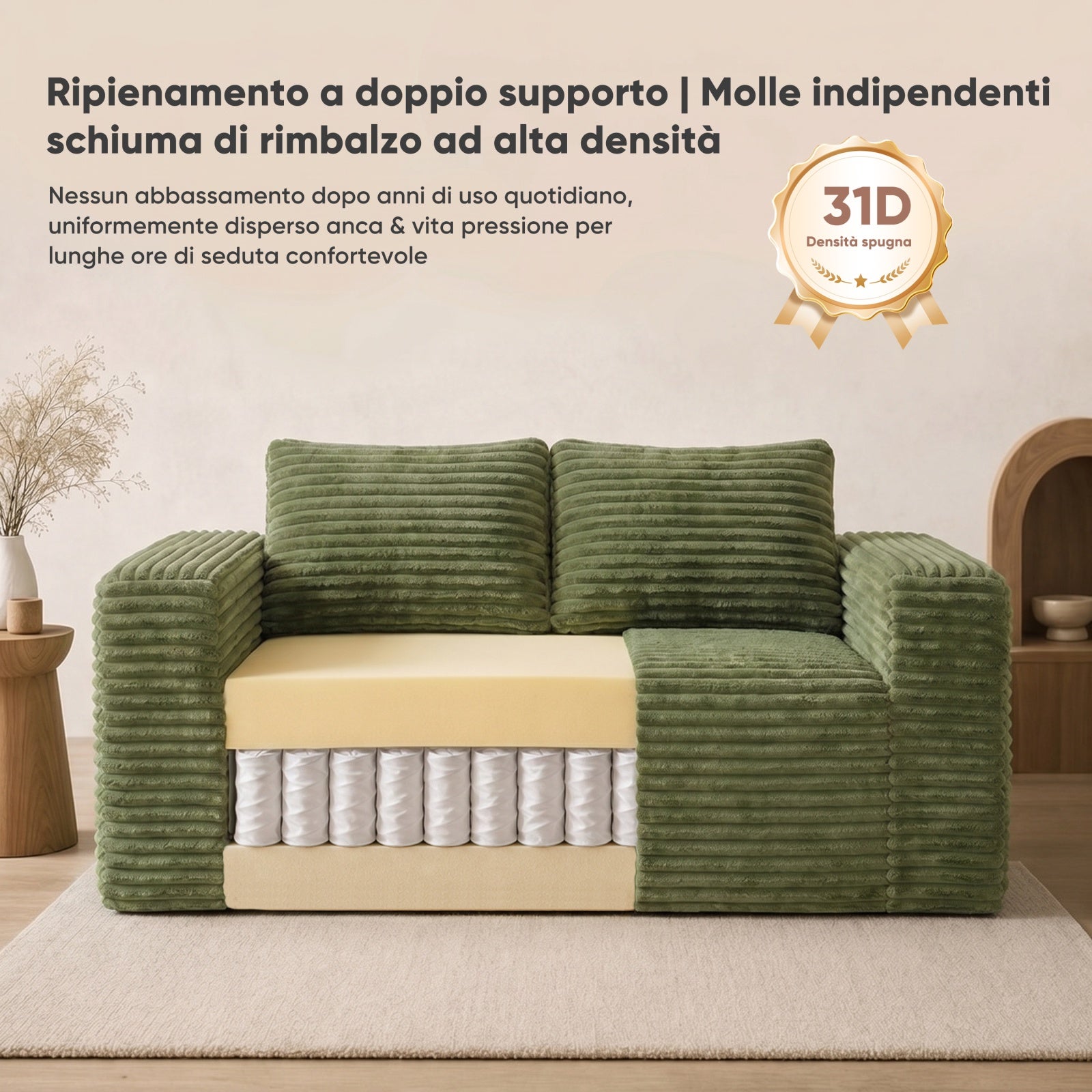 Canapé de sol 2 places 160 x 88 x 58 cm – Sofa d'assise profonde sans montage en mousse haute densité – Velours Côtelé – Vert - 4