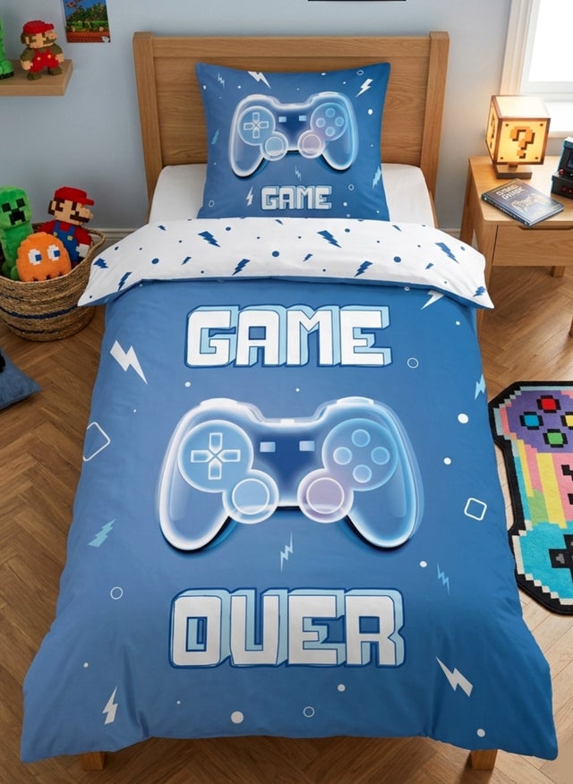 Parure de Lit Enfant Gamer Bleue, 100% Coton Oeko-Tex, Lit 1 place, GAMING