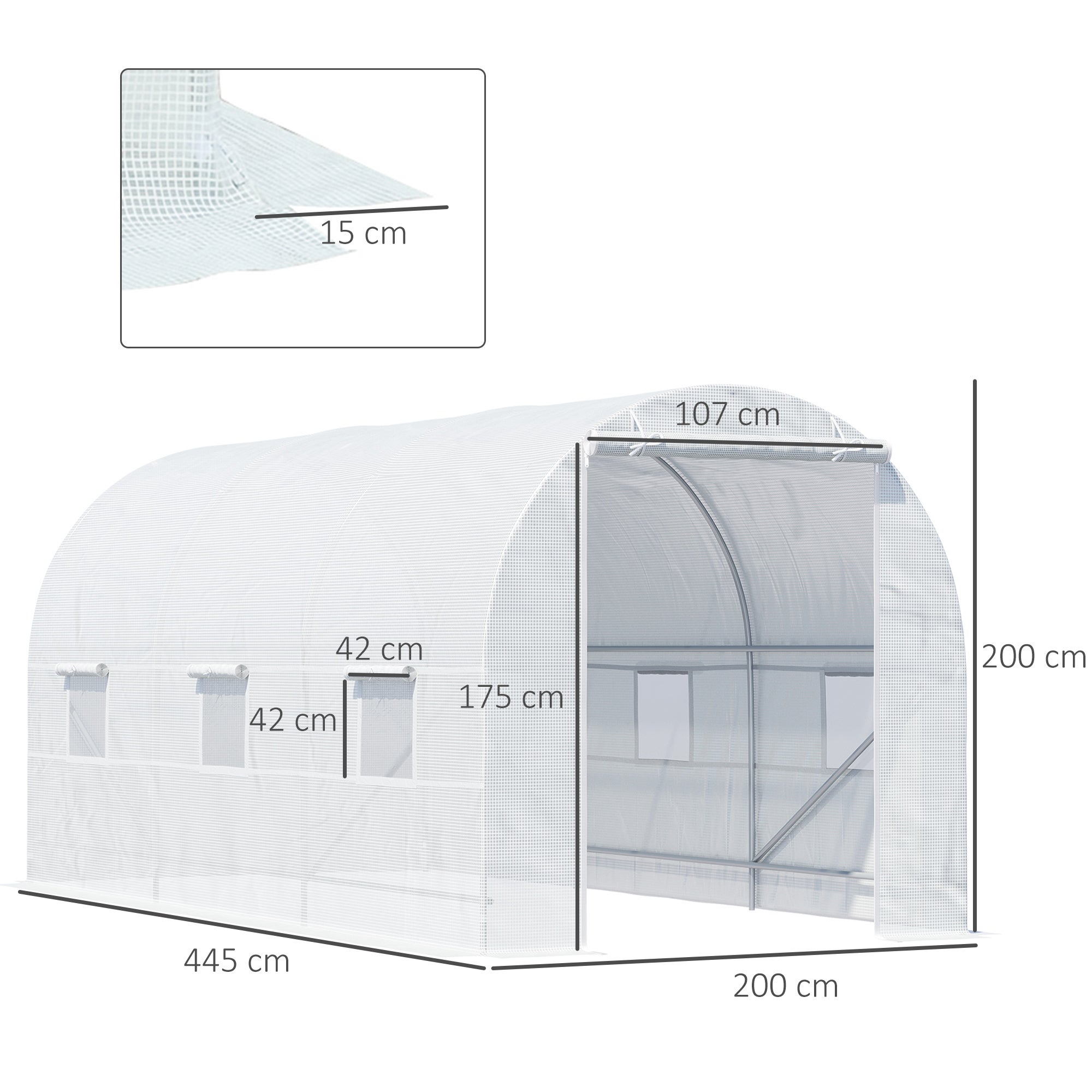 Serre de Jardin Tunnel Surface Sol 9 m² 4,45L x 2l x 2H m châssis Tubulaire renforcé 18 mm 6 fenêtres Blanc - 5