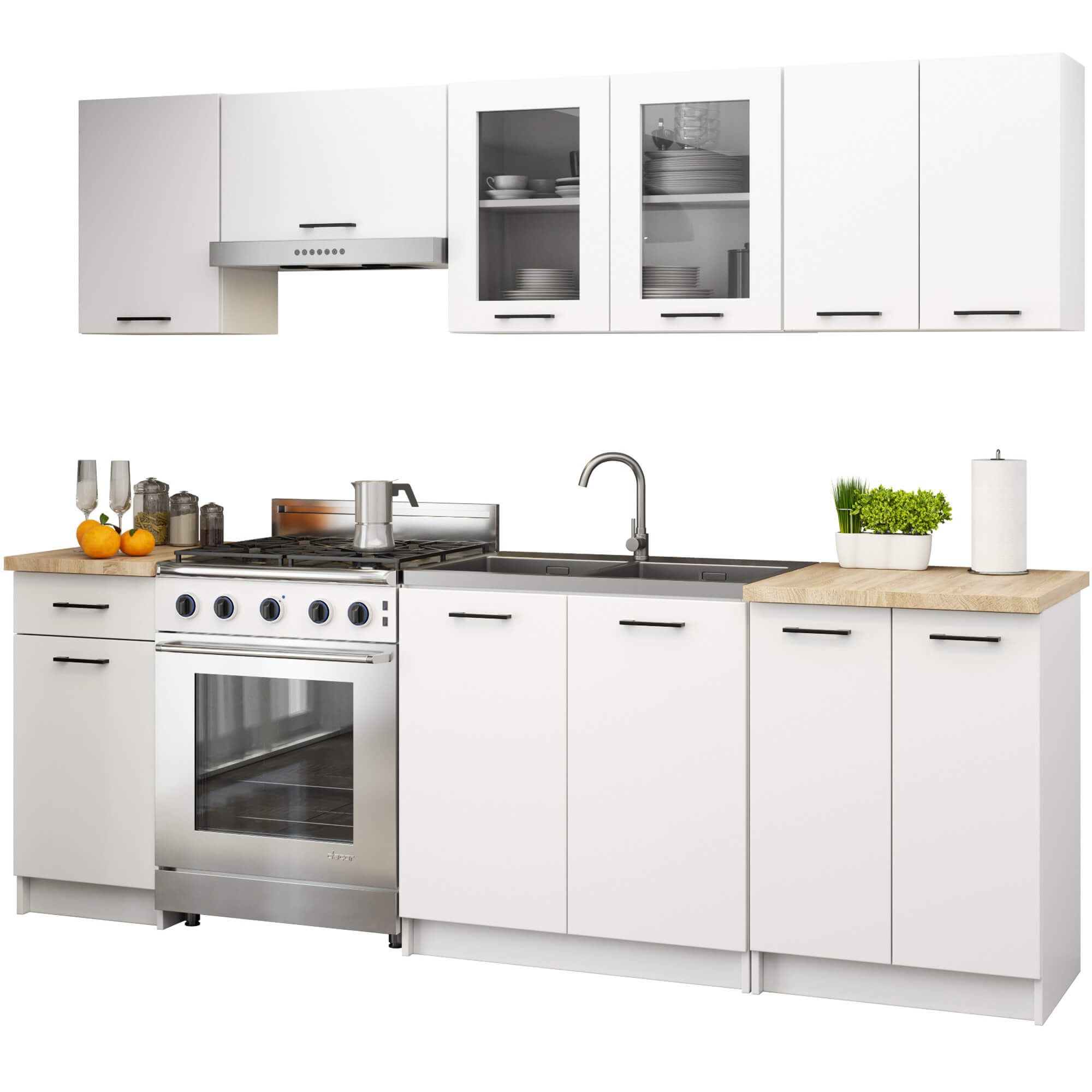 Zestaw kuchenny AKORD OLIWIA 2.4m Biała 240 cm 11 drzwi 1 szuflada kolor Biały mat 12 półek 240x46x203 cm