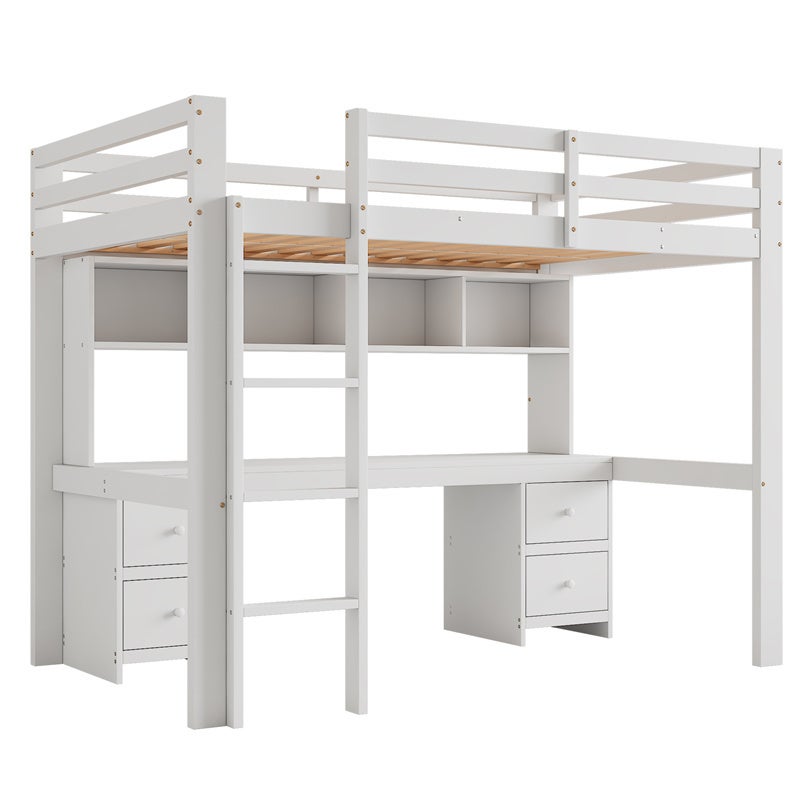 Lit mezzanine 90x200cm, lit d'enfant avec grand bureau, 4 tiroirs, étagères de rangement, escalier, blanc - 5