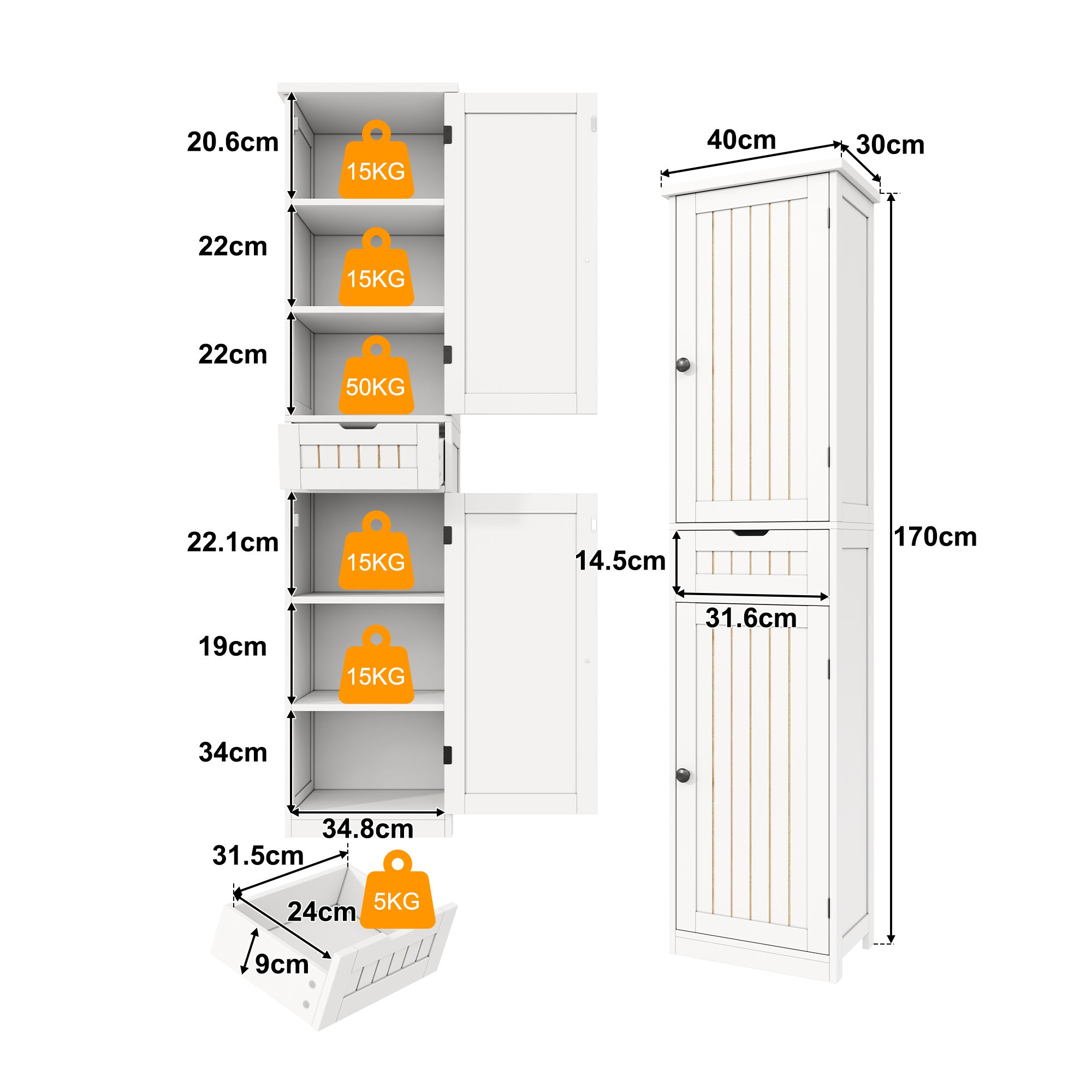 Colonne de rangement avec 2 portes, 1 tiroir et 4 étagères réglables, buffet de cuisine - 40 x 30 x 170 cm - MDF - Blanc - 7