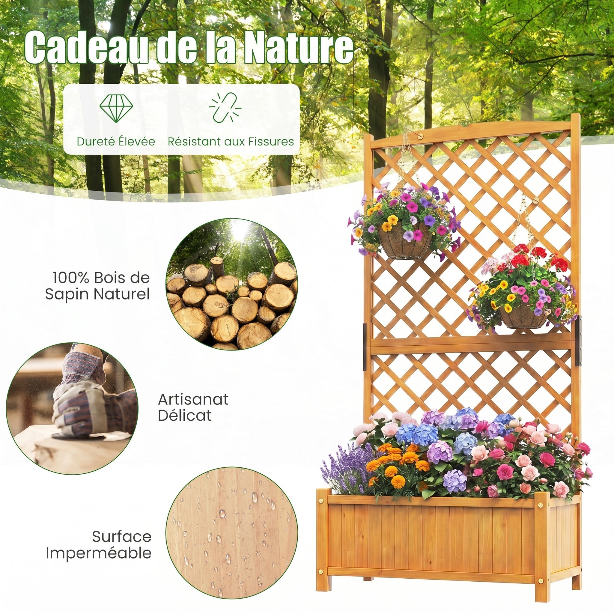 Jardinière avec Treillis en Bois de Sapin avec Trou de Drainage, Bac à Fleurs pour Plante Grimpante Vigne, 90 x 44,5 x 180 cm, Naturel - 6