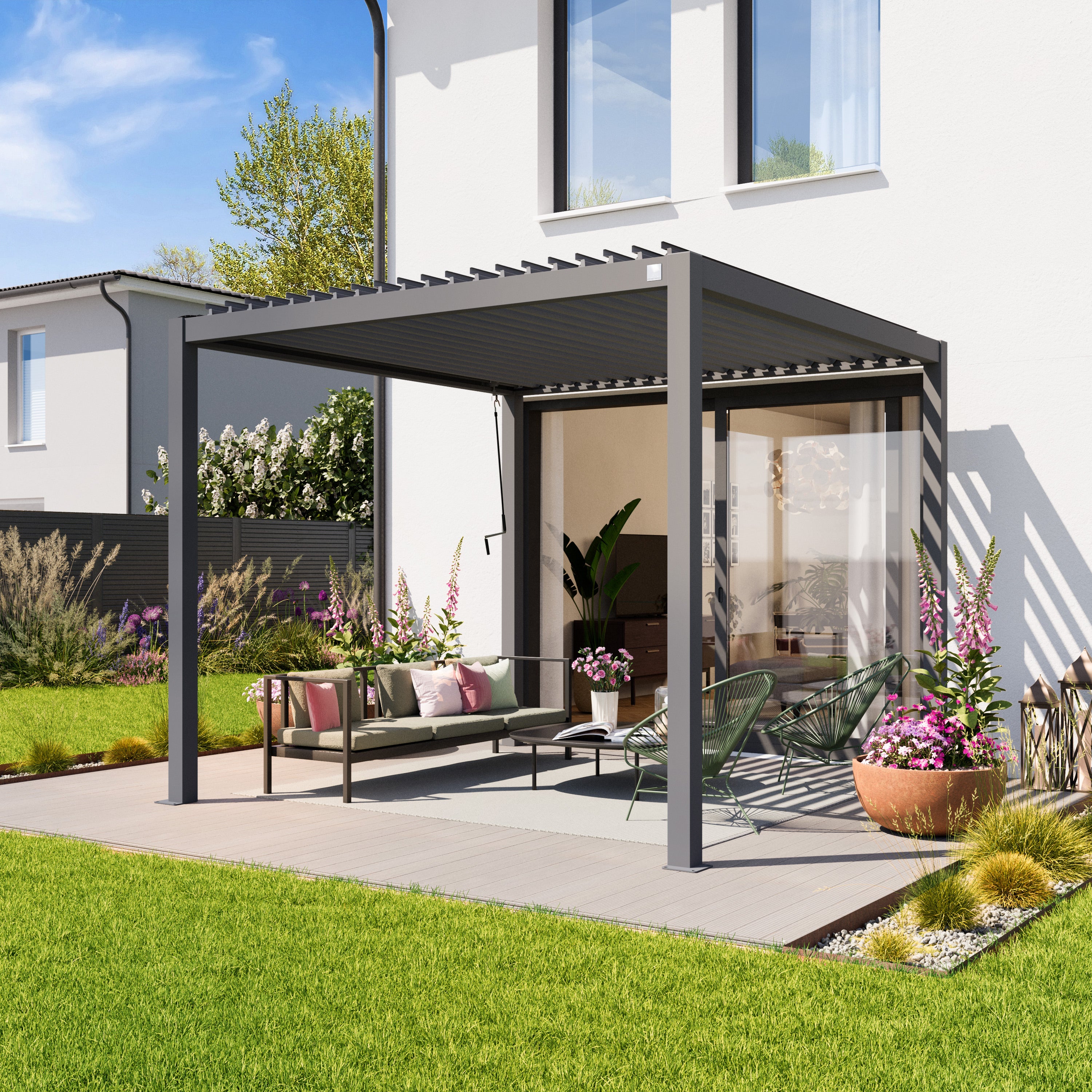 PRIMEYARD Pergola 3x3 m montanti in alluminio con tetto a doghe in acciaio gazebo da giardino grigio - 3
