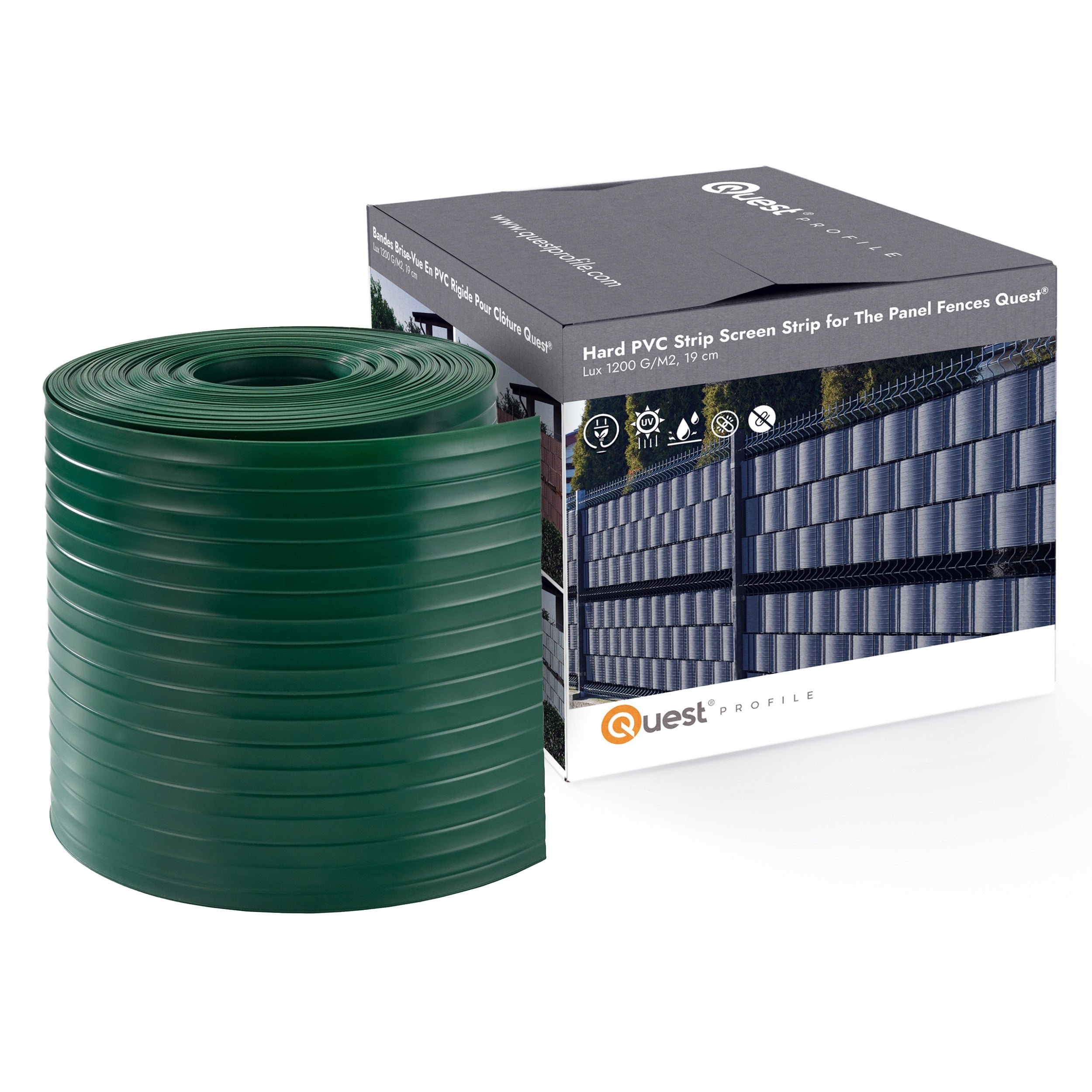QUEST Taśma ogrodzeniowa PCV 19cm, listwa do ogrodzeń panelowych premium, 900 g/m2, RAL6005, zielony, 26 m