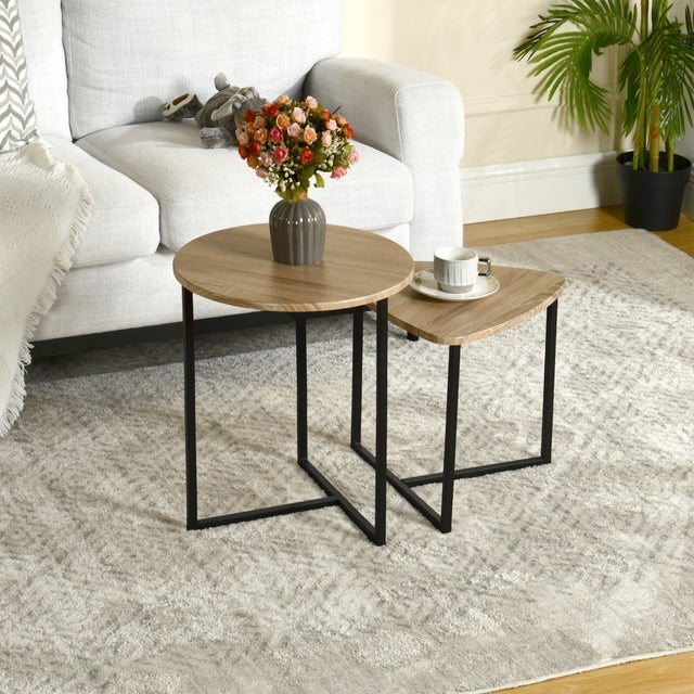 Lot de 2 Table Basse pour Salon Tables Gigognes en Bois d'ingénierie et Métal, Style Industriel, Chêne