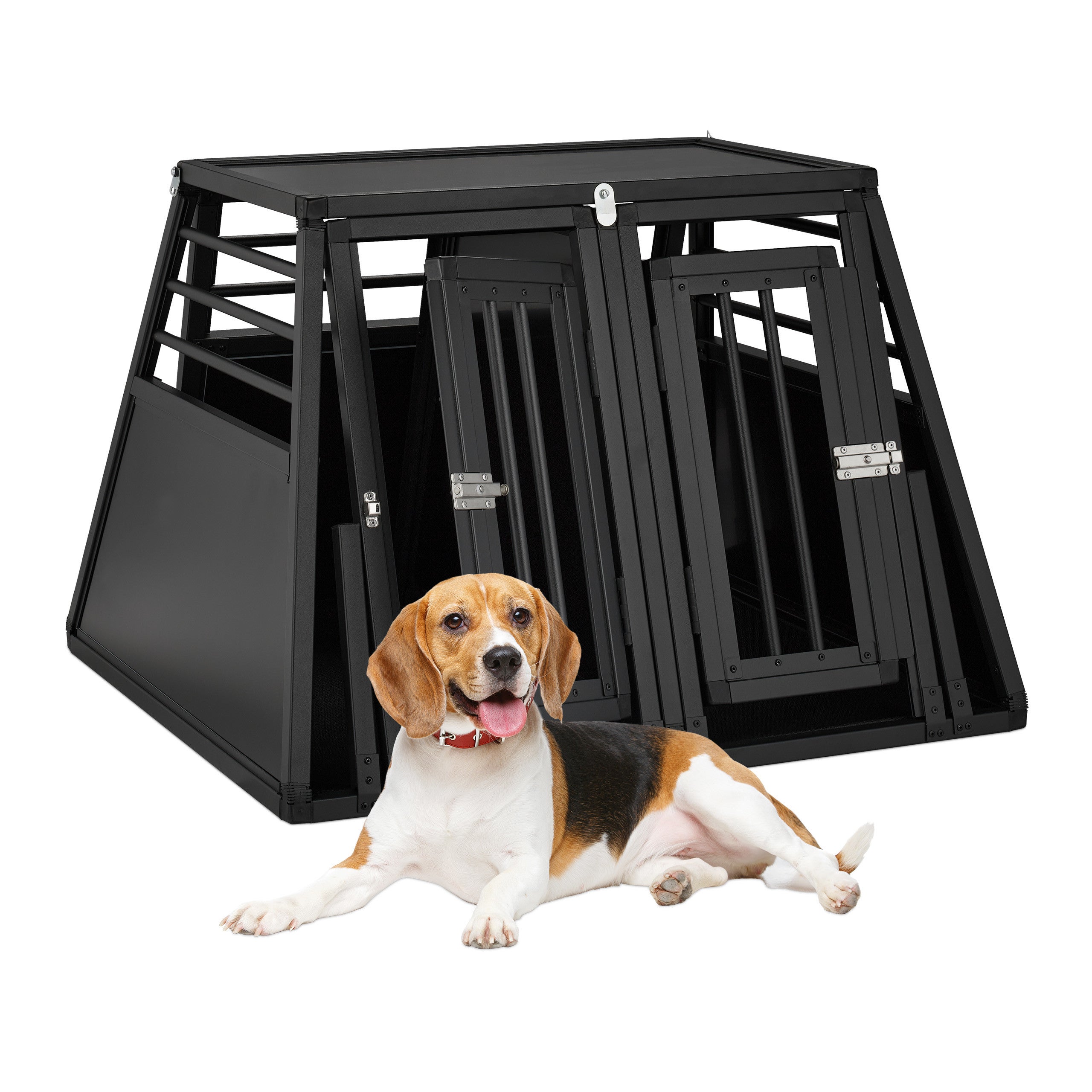 Transportín perro coche, jaula mascotas maletero doble, biselado, pared divisoria, 64 x 90 x 82 cm, negro, relaxdays