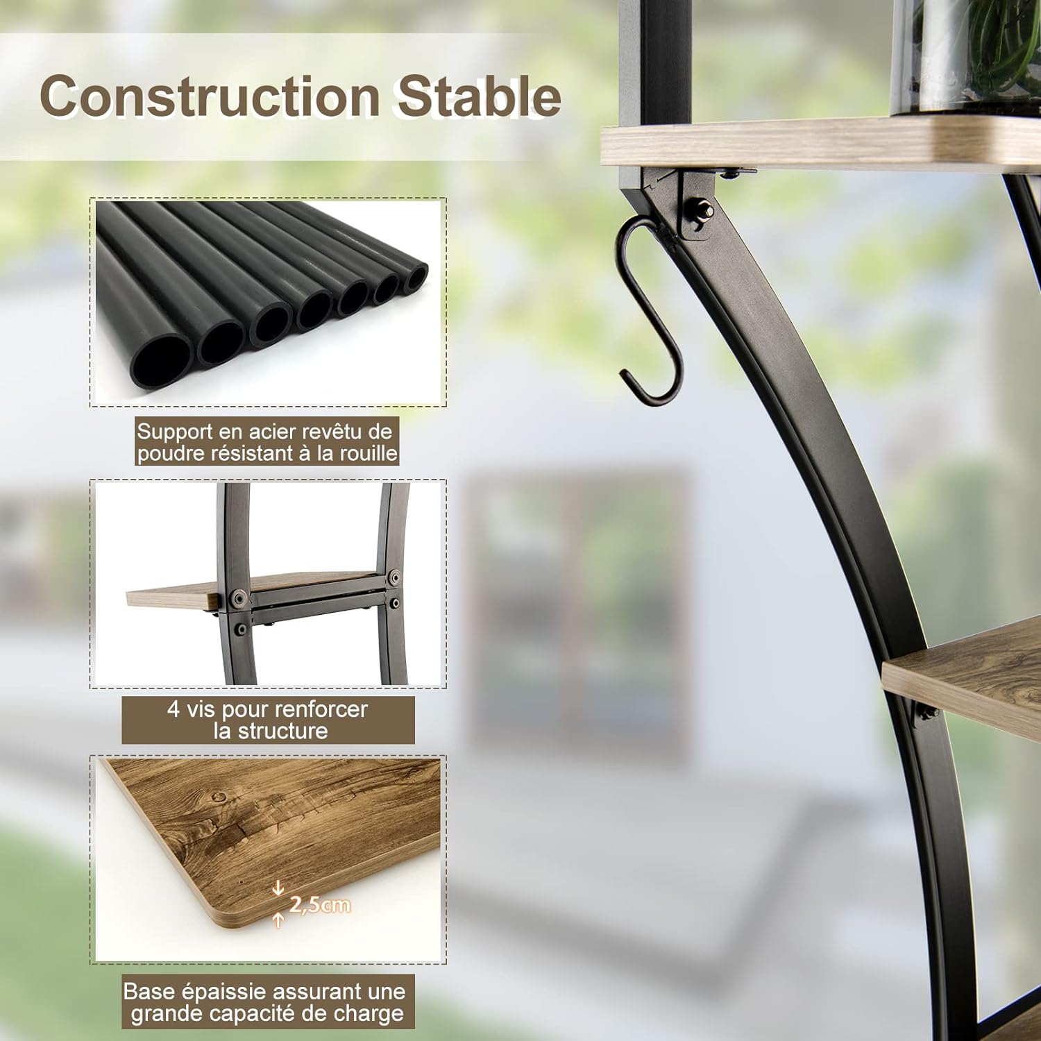 Support pour Plantes en Métal 7 Niveaux, étagère à Fleurs en Forme de Demi-lune avec Crochet, Dispositif Anti-Basculement, 60 x 30 x 155 CM (2 PCS) - 4