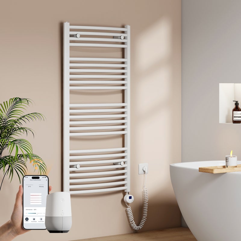 EMKE Grzejnik elektryczny łazienkowy Wygięta 120x60cm - Inteligentne Sterowanie z Programatorem Tygodniowym w Aplikacji - 600W - Biały