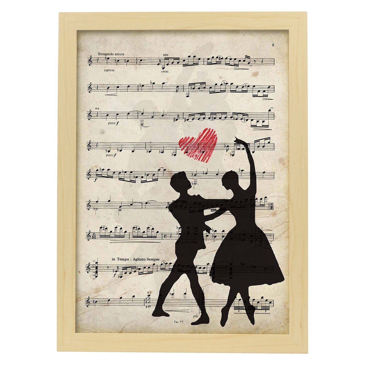 Affiche De Couple De Ballet Sur Le Score. Feuilles D'image Avec Des Scores. Home Music Design. Cadre En Bois Clair A4 - 2