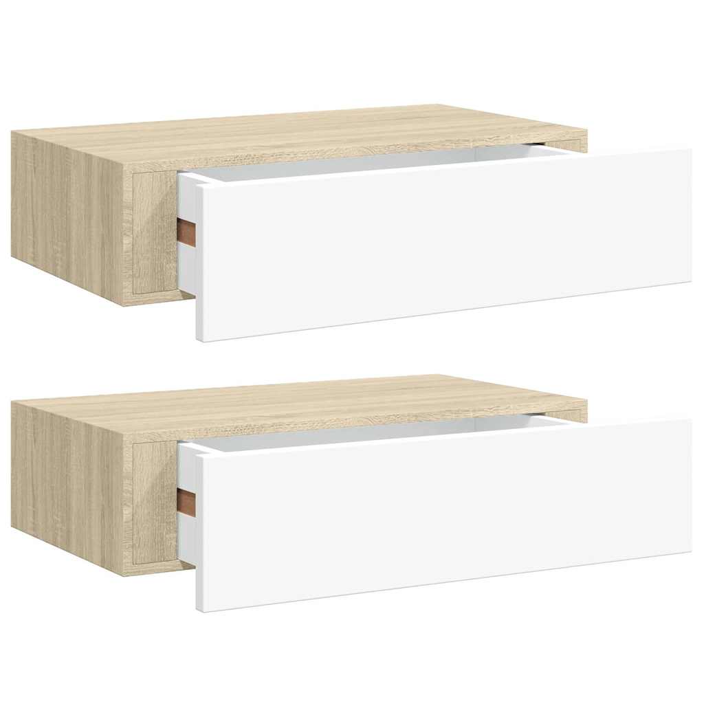 vidaXL Étagères à tiroir murales 2 pcs Chêne et blanc 40x23,5x10cm MDF - 2