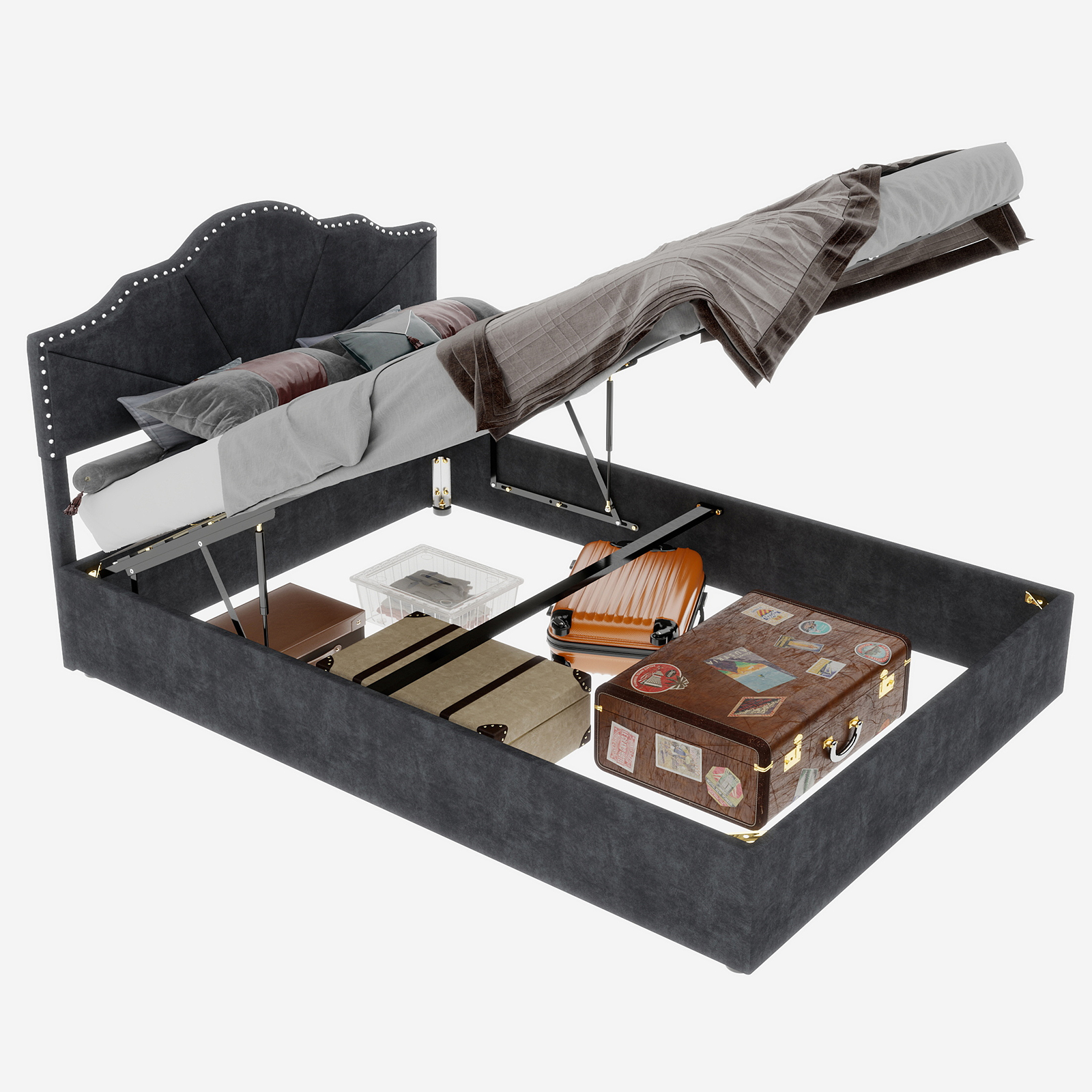 Letto contenitore matrimoniale 160x200 cm, testiera, barre di supporto gonfiabili, grigio metallo, senza materasso - 6