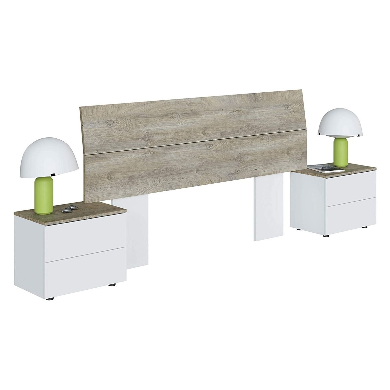 Mobelcenter - Cabezal Matrimonio y 2 Mesitas de Noche Aikos – Color Blanco Artik y Roble Alaska – Ancho: 276 cm x Fondo: 34 cm x Alto: 96 cm - (1172) - 3