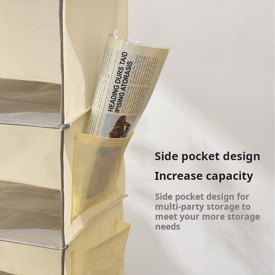 1pc Organizador de armário suspenso 6 prateleiras com bolsos laterais, saco suspenso lavável dobrável multicamadas para roupas, quarto, bege - 8