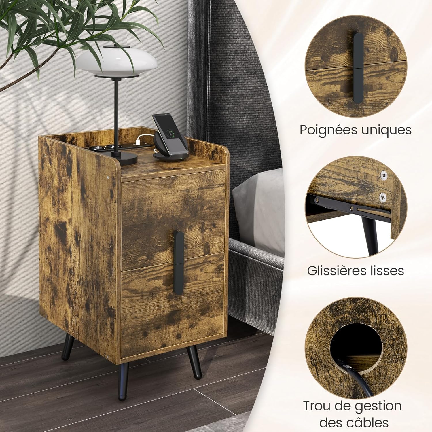 Table de Chevet avec Prise,2 Tiroirs Coulissants, 1 Passe-câble, 2 Ports USB & 3 Prises, Bords Surélevés, 40 x 32 x 60 cm(Marron Rustique) - 5