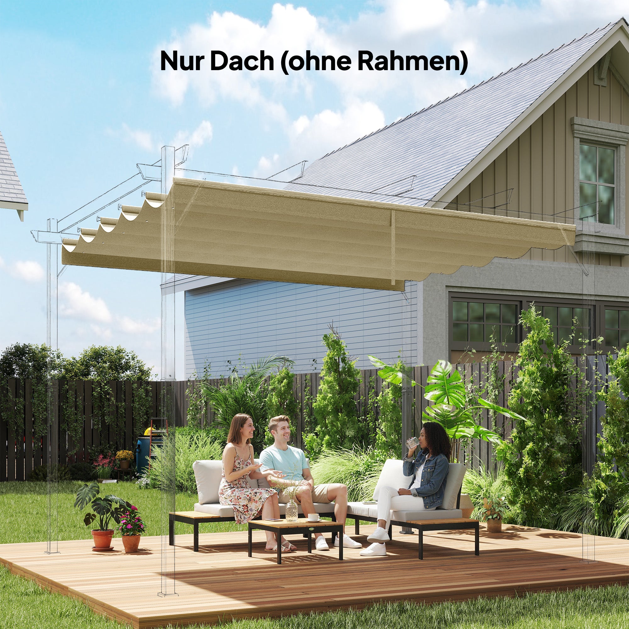 Techo de repuesto para pérgola de 3 x 3 m, retráctil, con orificios de drenaje, resistente a la intemperie, fabricado en poliéster beige. - 3