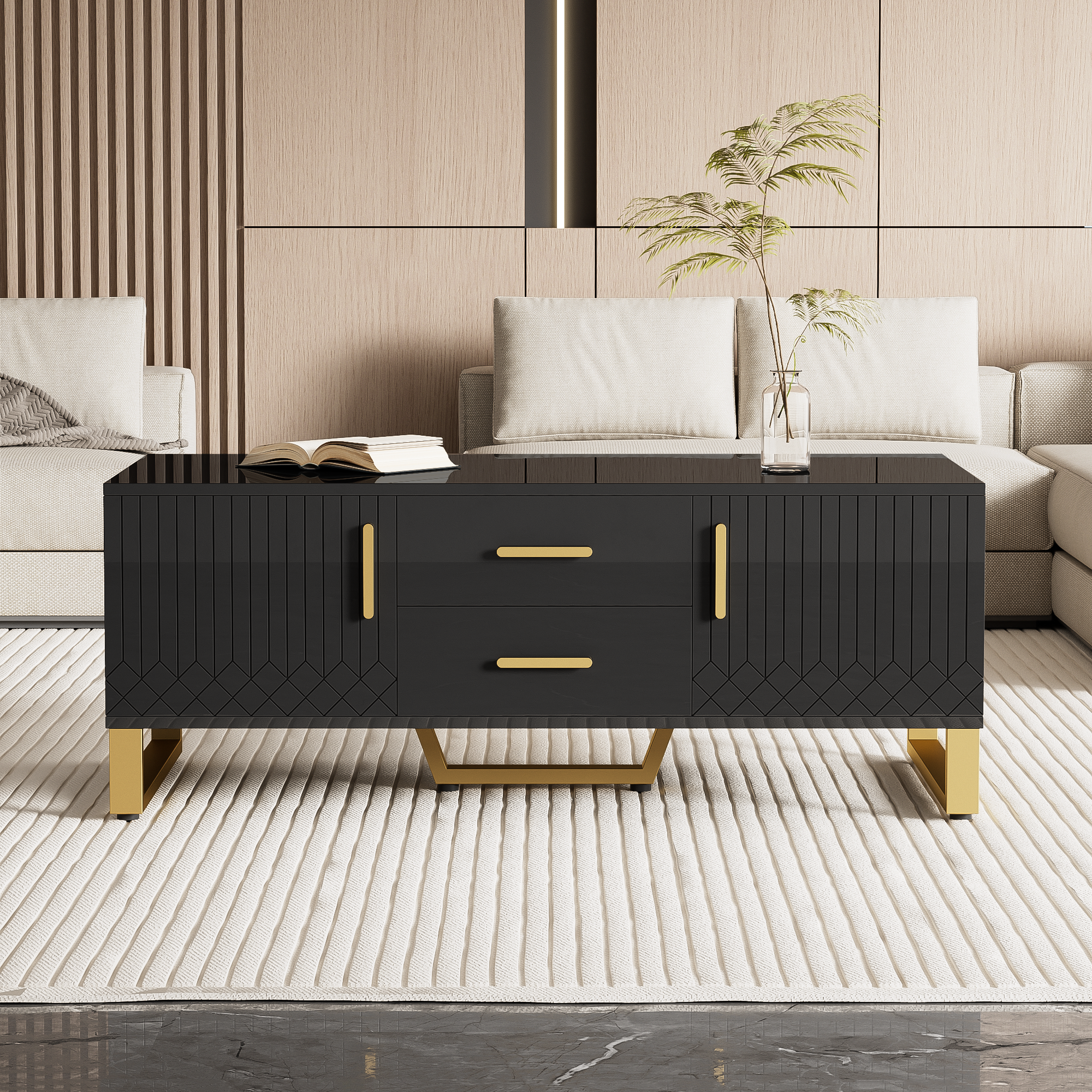 Buffet Haut 4 Portes Et 2 Tiroirs H140 Cm - Taupe Et Noir Arona Maisons Du Monde