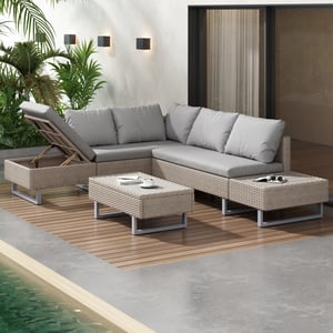 Ensemble de jardin avec canapé d'angle, table et coussins pour 4-5 personnes, déhoussable, couleur kaki
